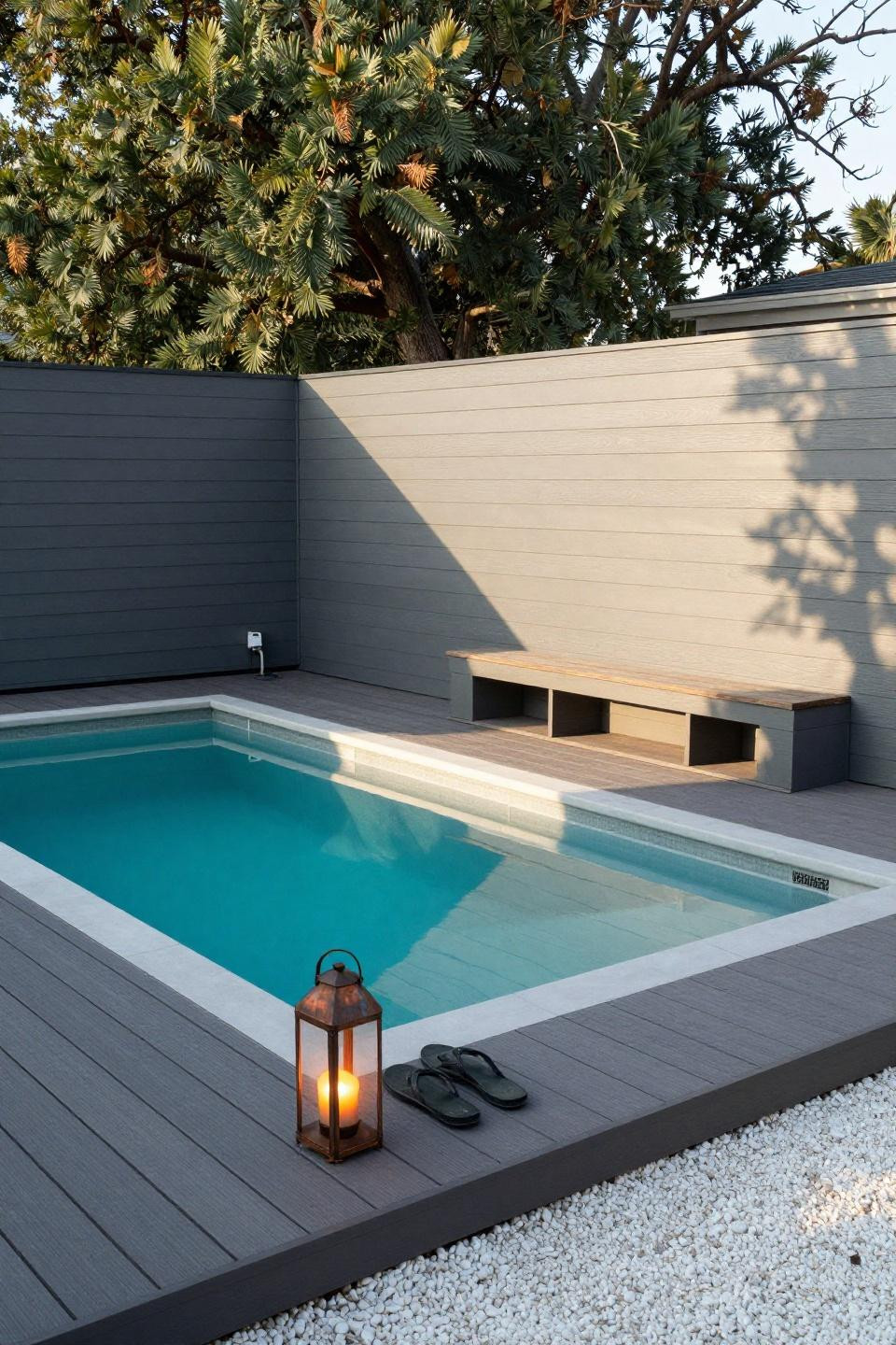 Pool area ideas with raised composite deck and semi-inground flush-mount installation