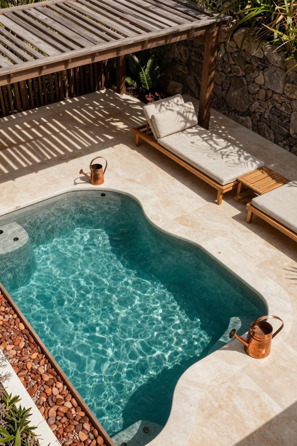 Mini pool ideas with limestone plunge pool and spa jets overhead view