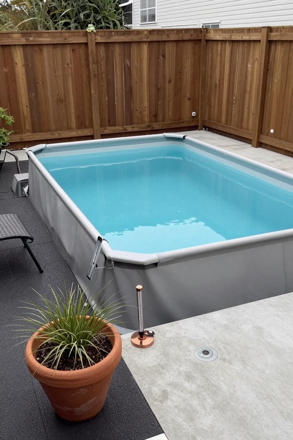 Outdoor pool area above ground in narrow urban lot with galvanized stairs