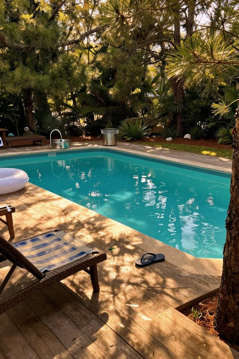 Aboveground pool deck with weathered cedar wrapping and pine grove backdrop
