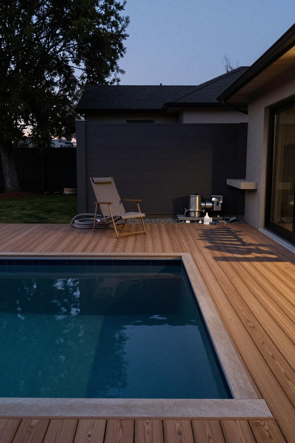 Above ground pool with deck off house featuring seamless wood grain decking