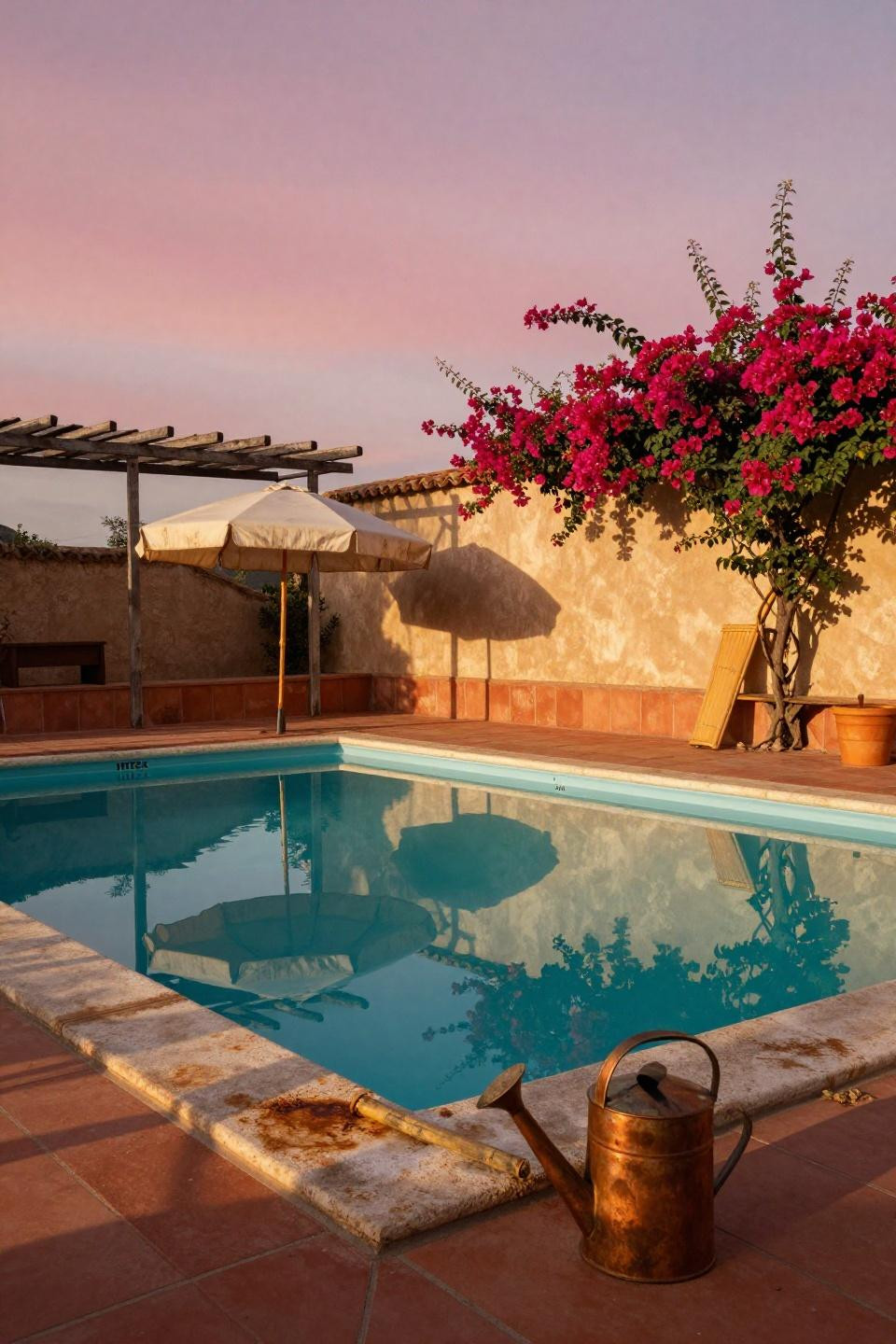 Intex pool landscaping with Mediterranean terracotta tile and wrought iron pergola