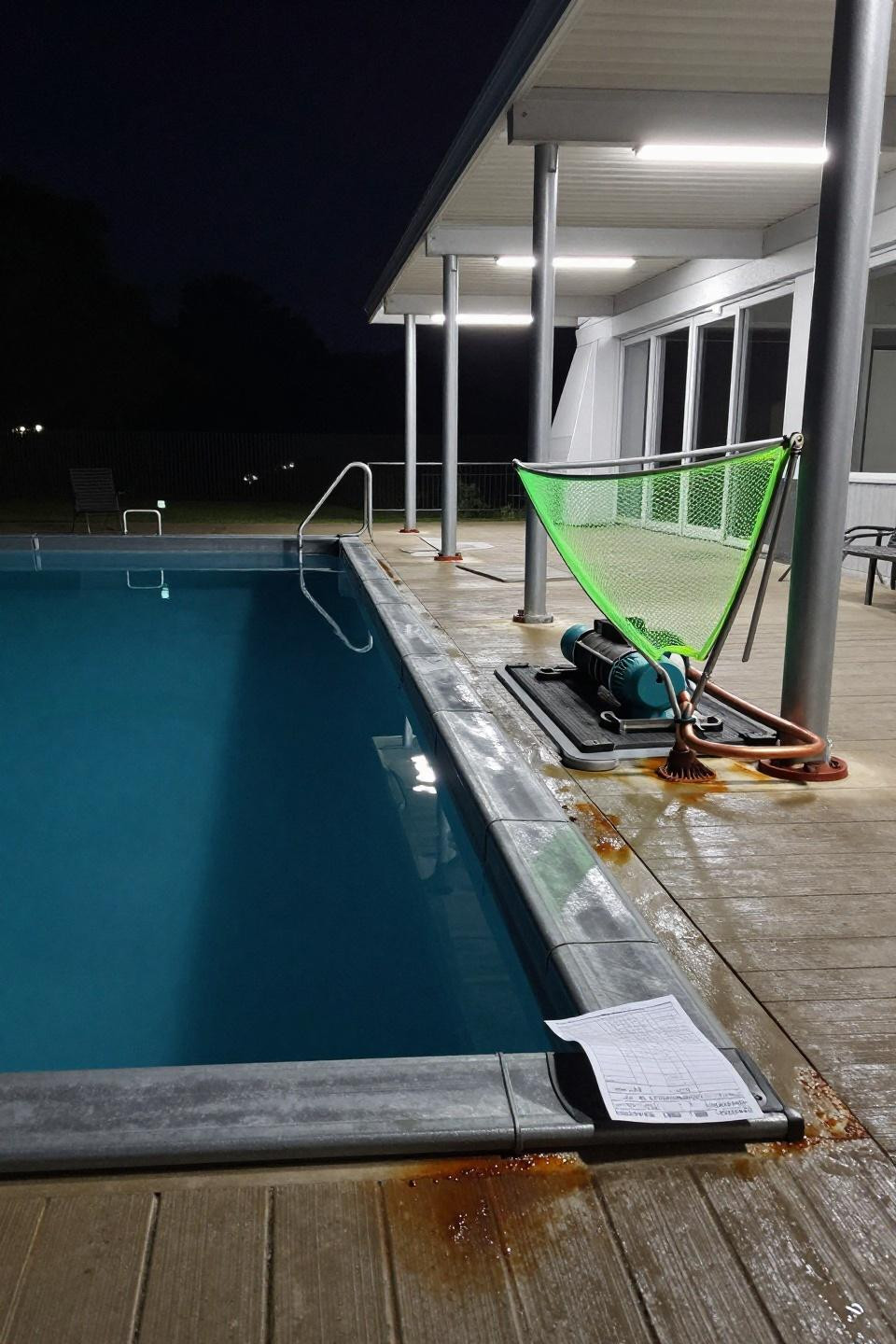 Above pool deck ideas with nighttime industrial lighting and galvanized steel