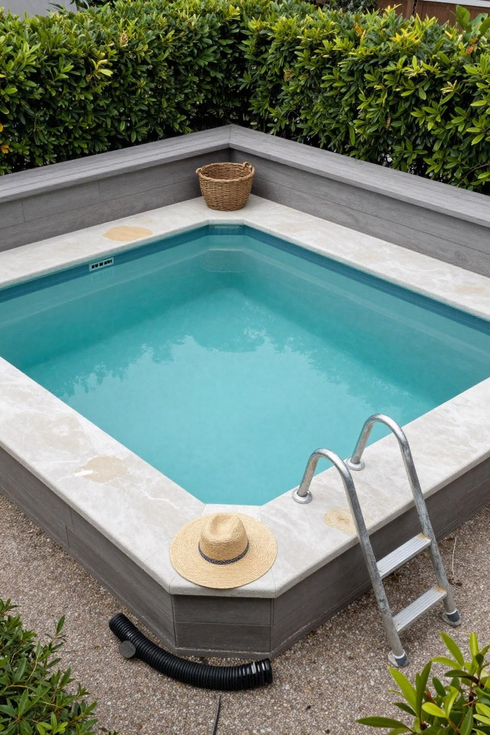 Above pool landscaping ideas with wraparound composite deck and benches