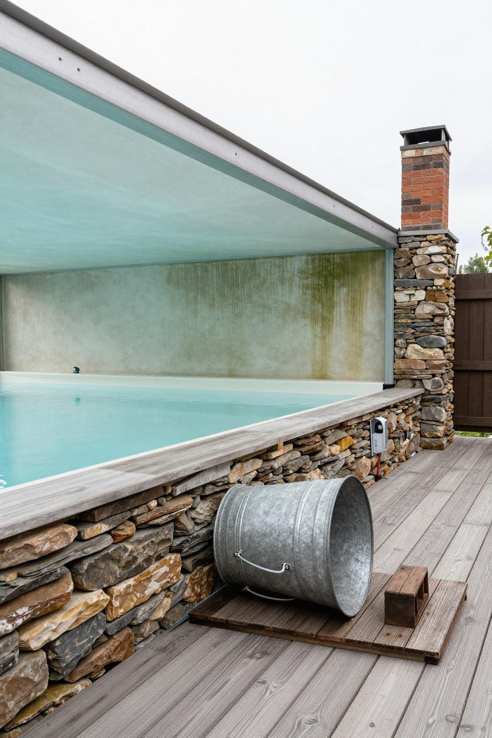Mini pool ideas with stacked stone wall and cedar trellis shade