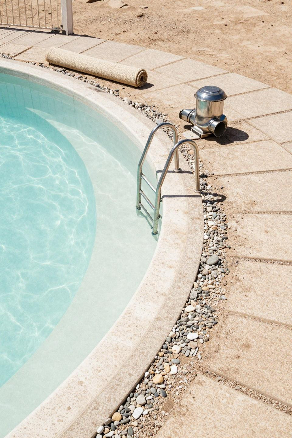 Outdoor pool area above ground with travertine pavers in desert setting