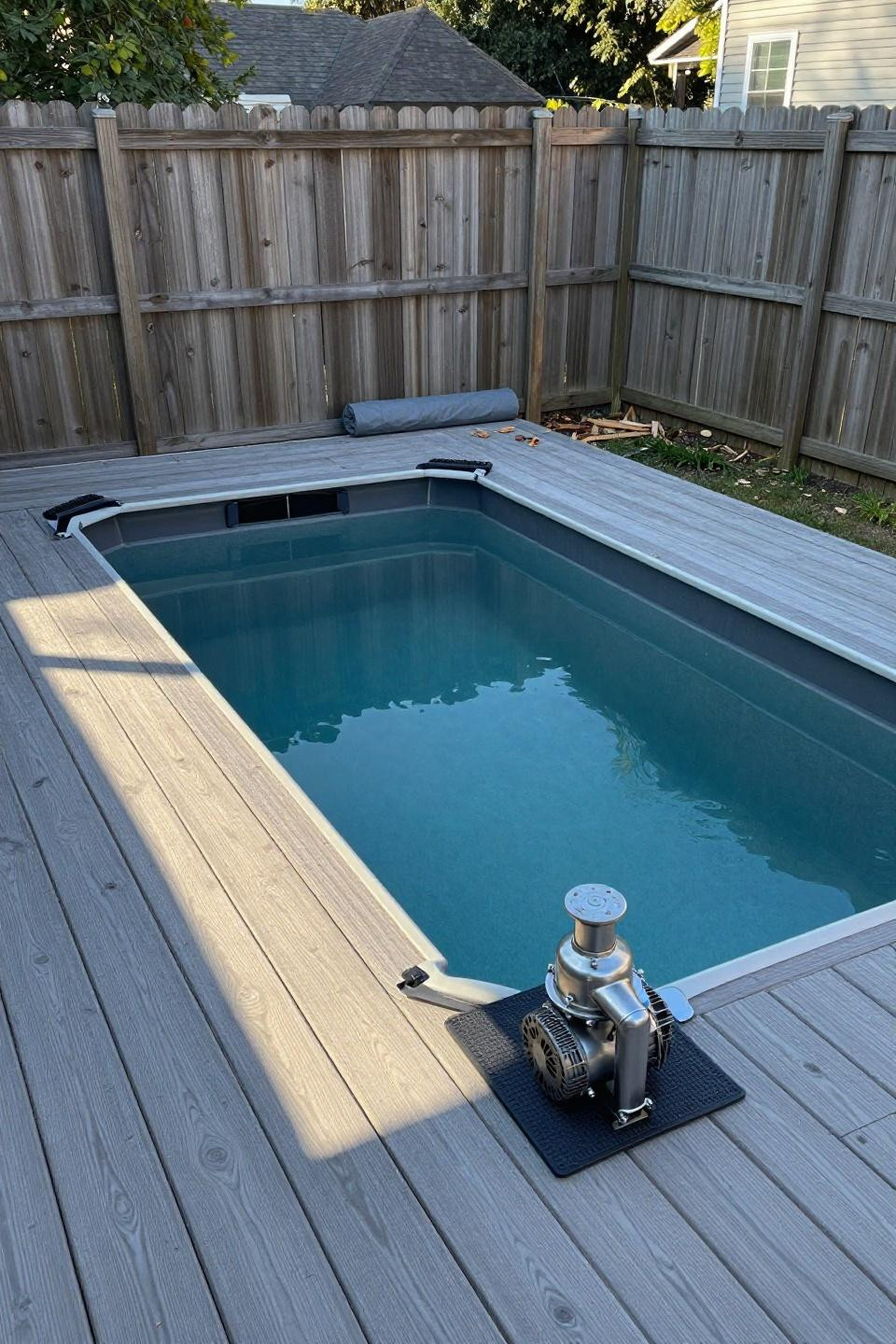 Aboveground pool deck with galvanized steel frame and integrated seating