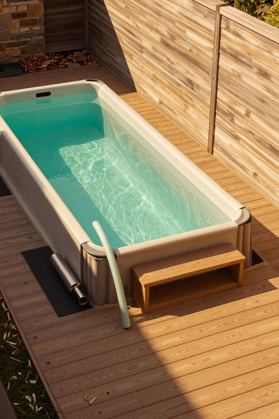 Above ground pool with deck off house in narrow side yard