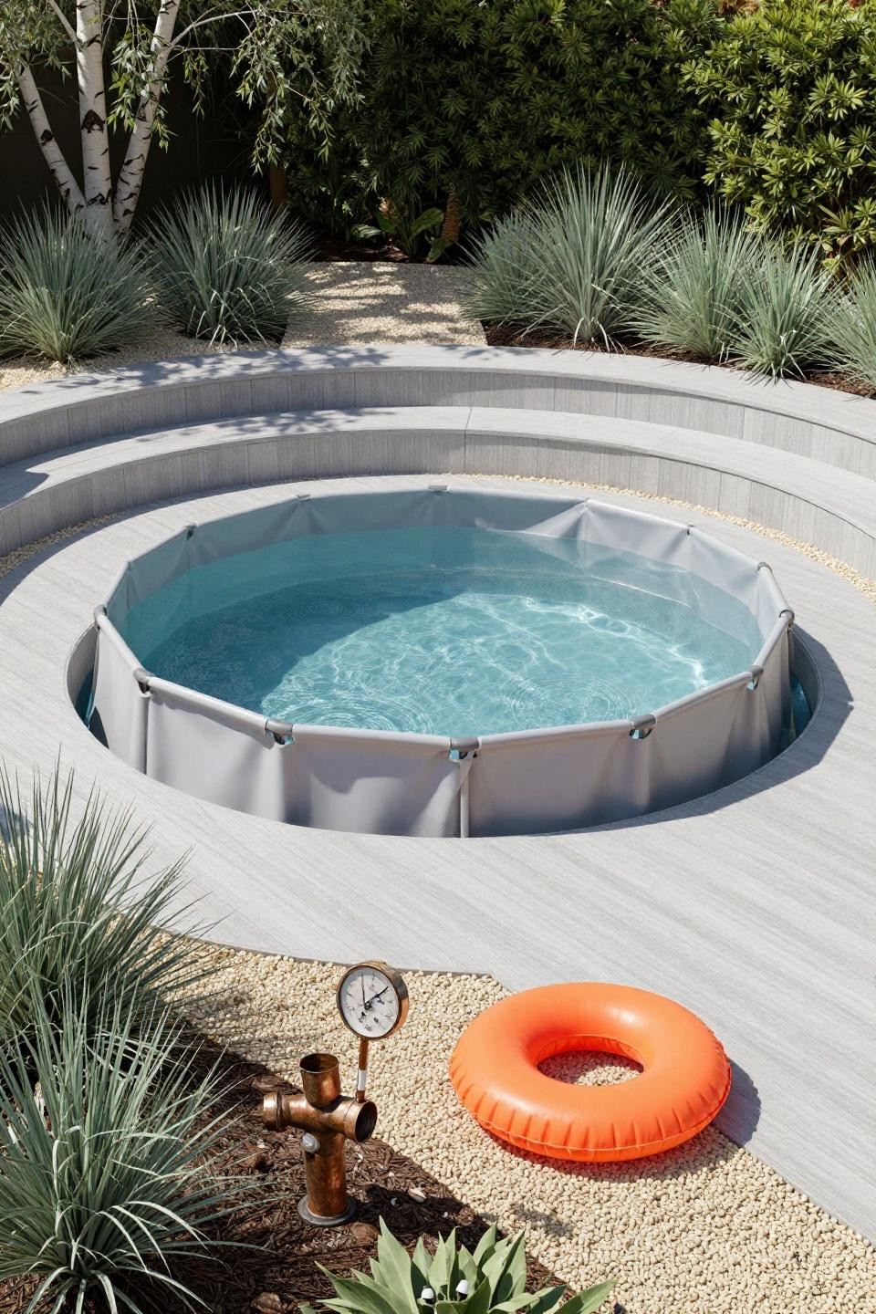 Intex pool landscaping with native plants and permeable gravel zones