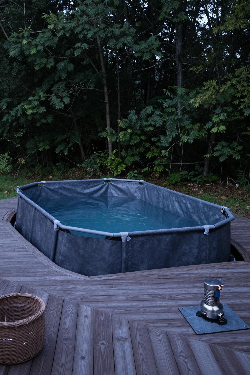 Above pool deck ideas with organic curved composite in woodland setting