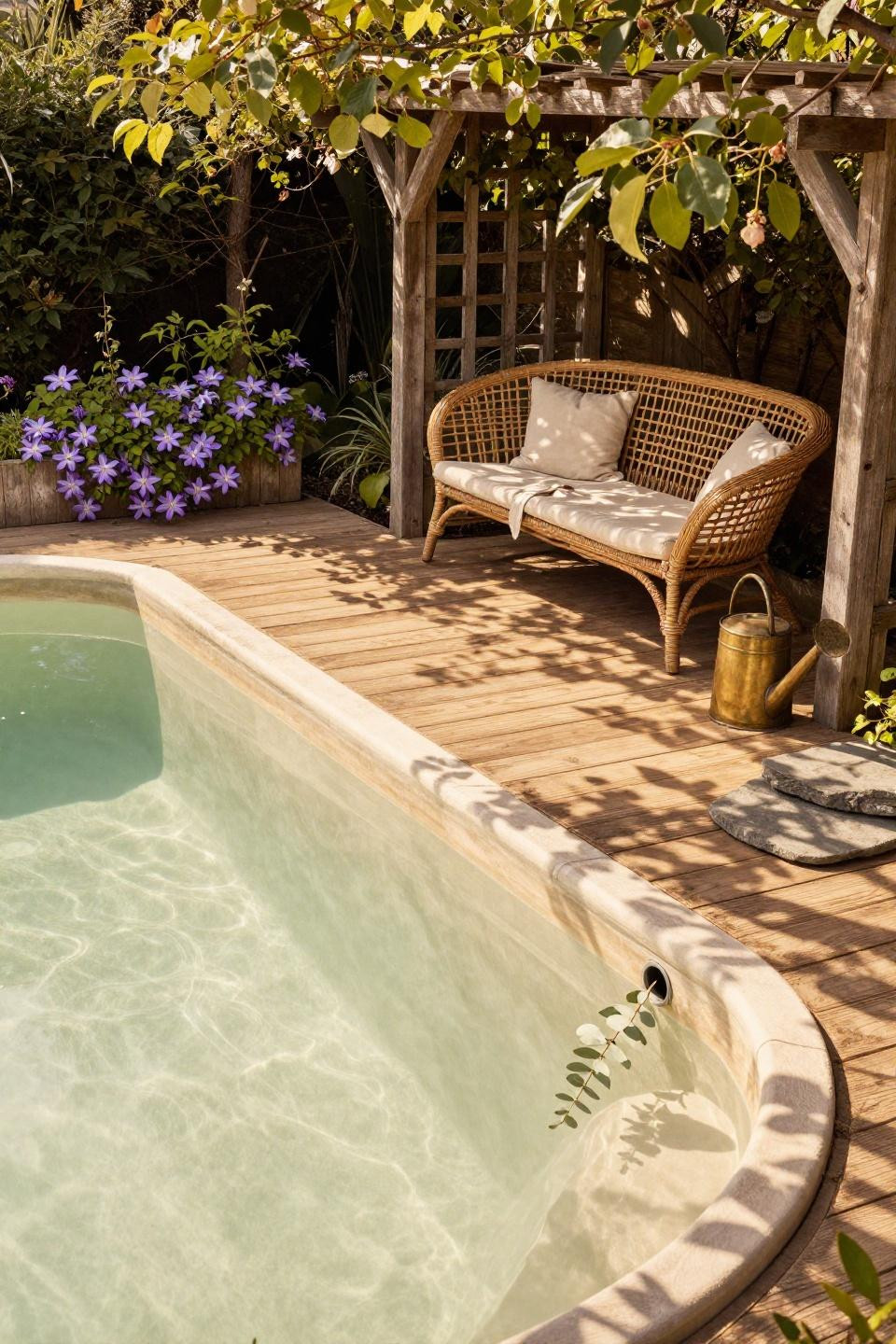 Pool area ideas with cottage garden landscaping and climbing vines