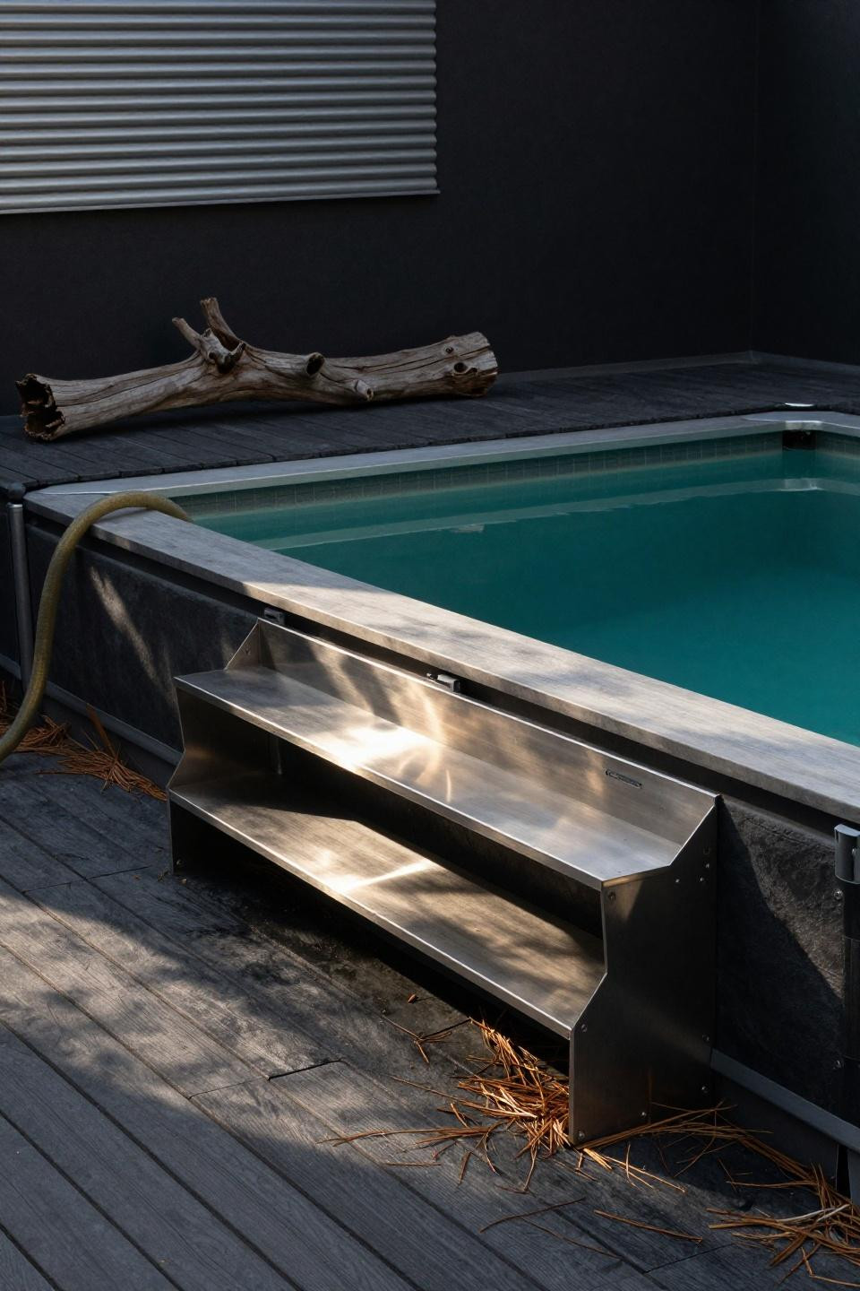Mini pool ideas with semi-inground installation and composite deck