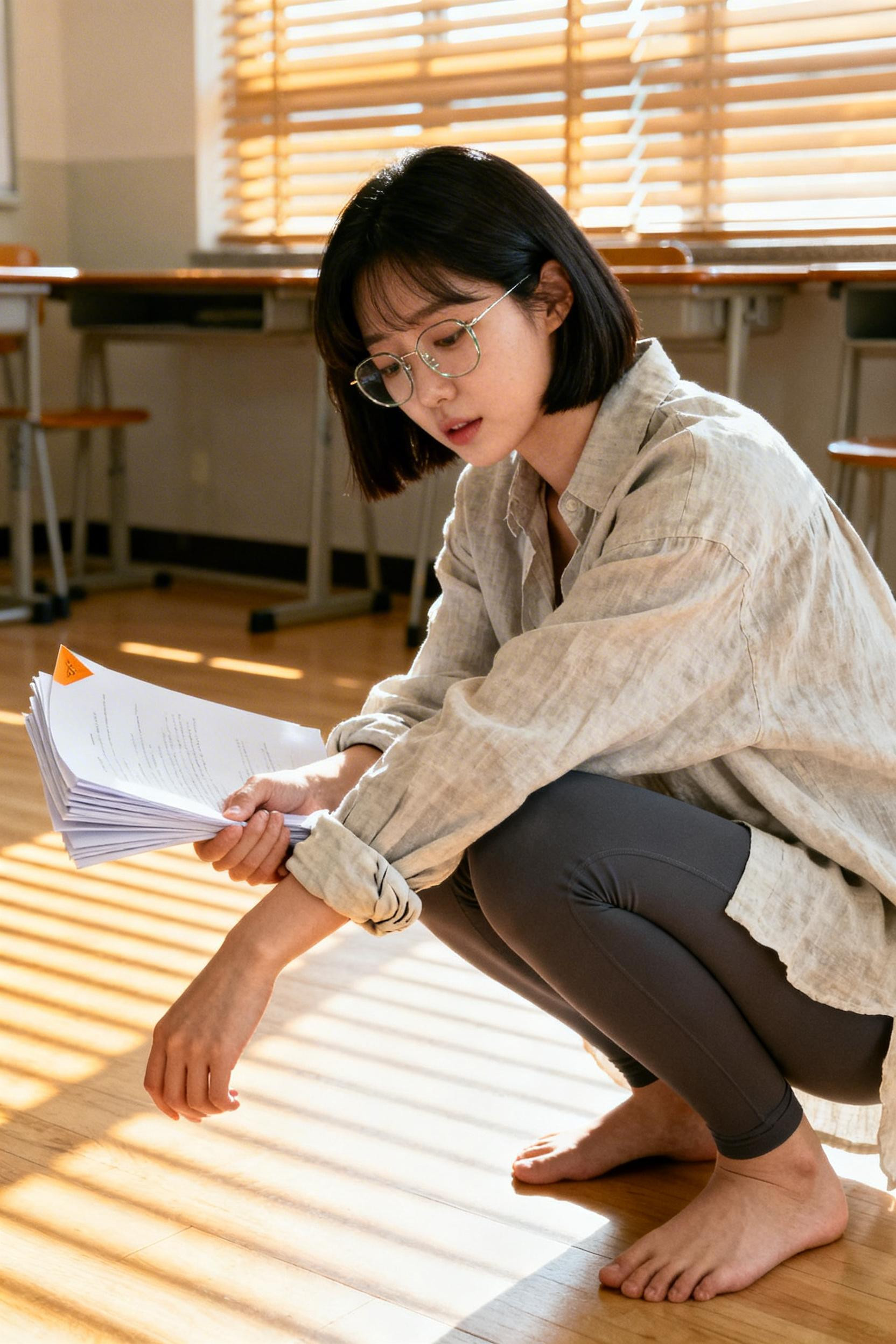 Winter Teaching Outfits - cream linen shirt charcoal leggings