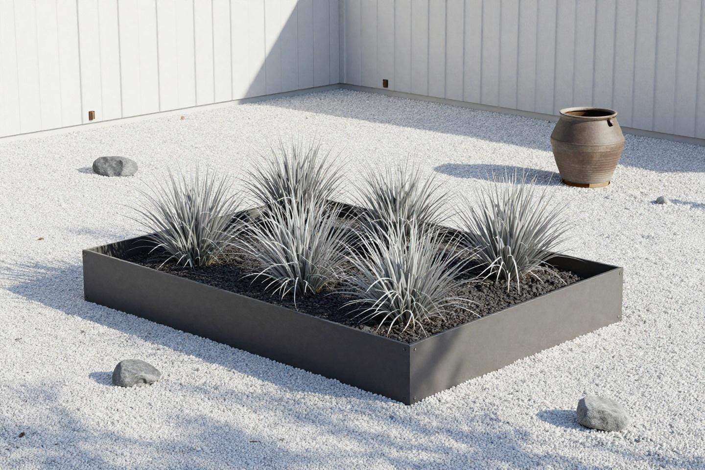 Flower beds around house with monochrome white-and-grey palette