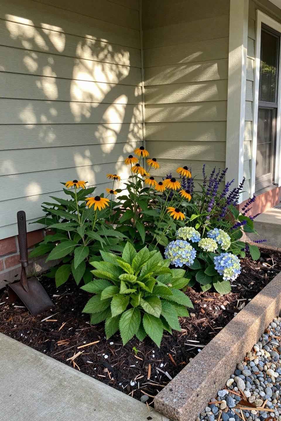 Simple flower beds in front of house with black-eyed Susans