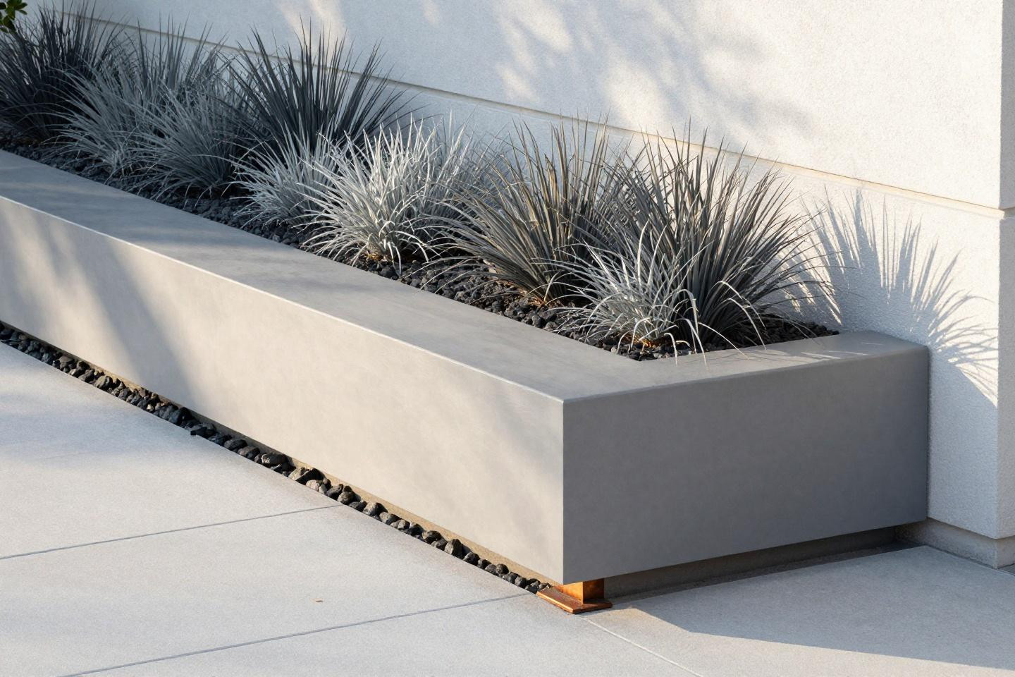 Flower bed landscaping ideas with steel-frame planter and bench ledge