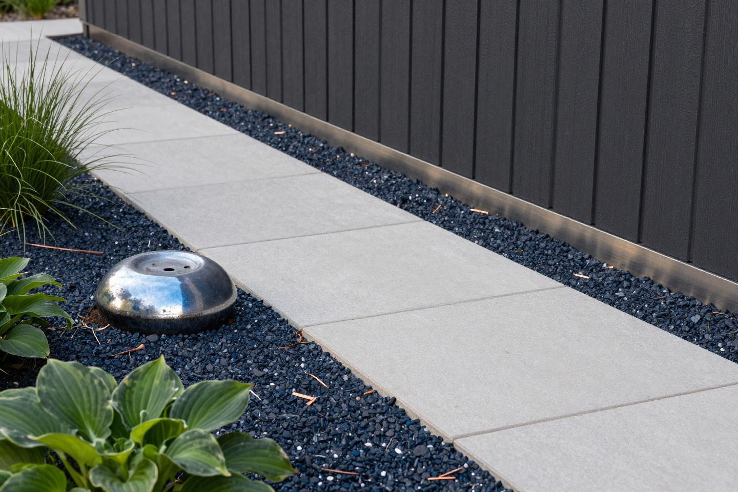 Front yard flower beds against the house with permeable pavers