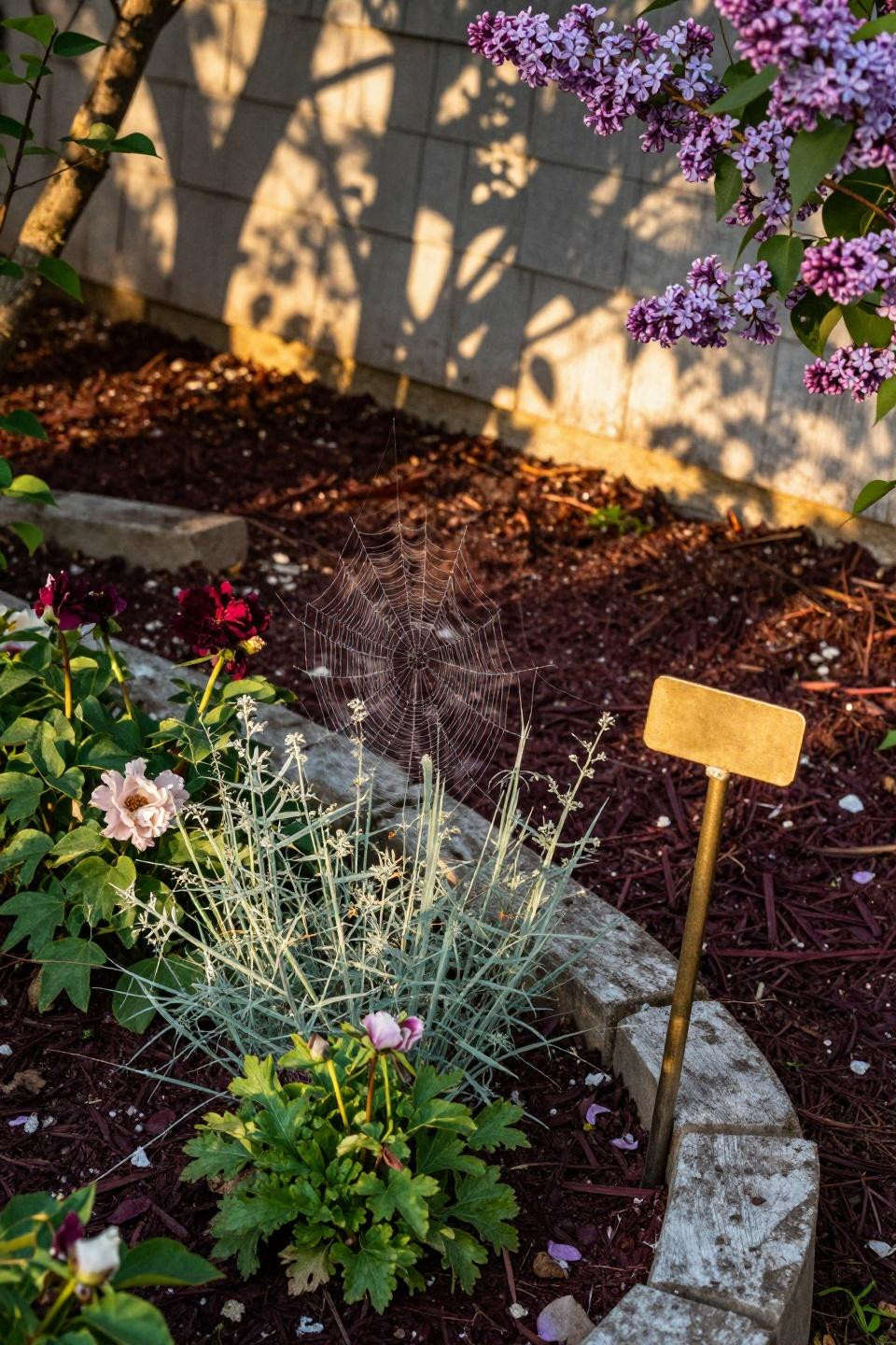 Simple flower beds in front of house with mixed perennials