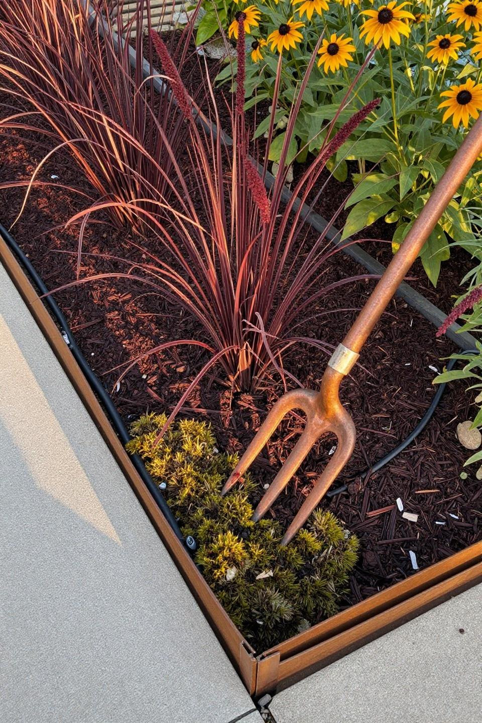 DIY flower beds in front of house with drip irrigation