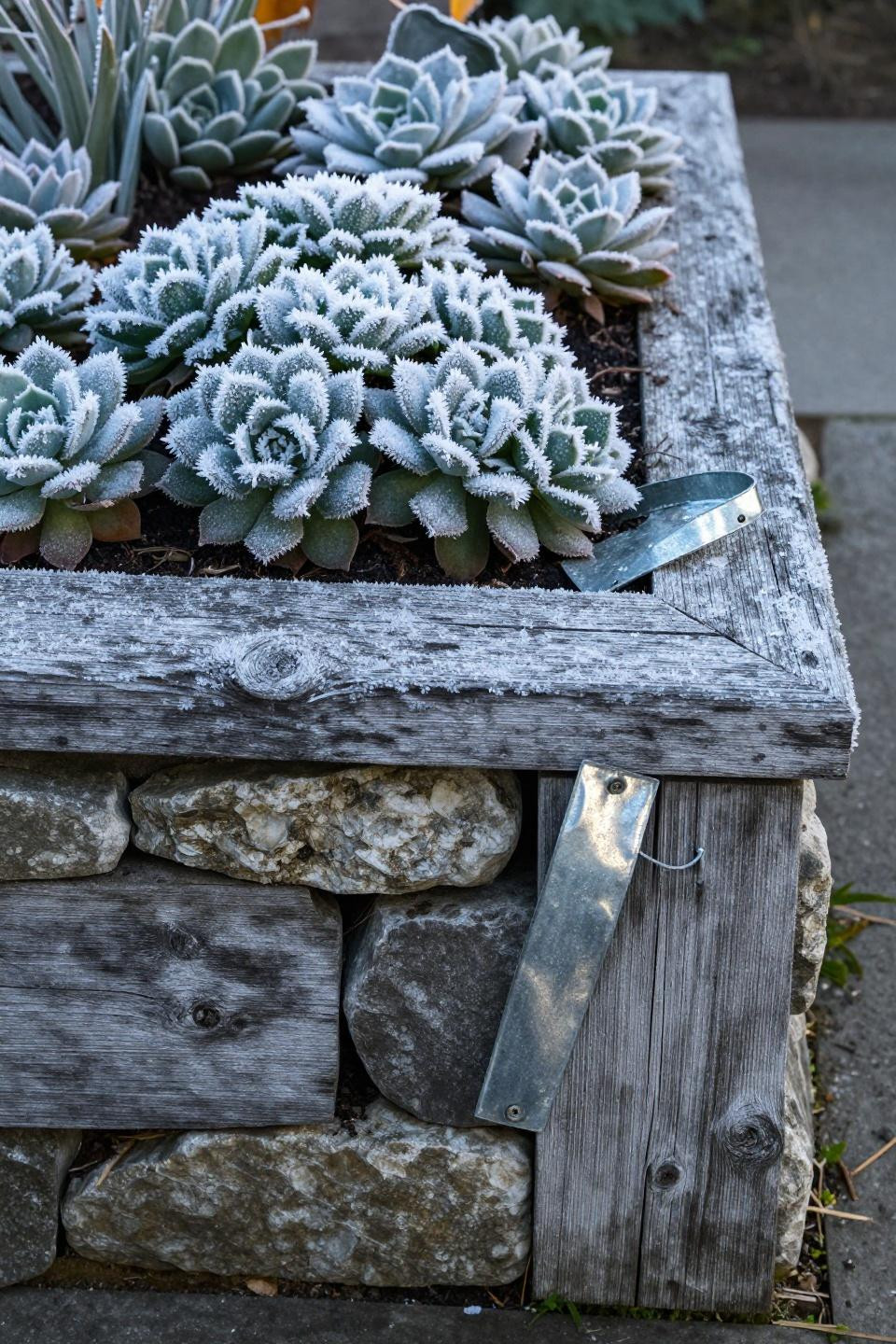 Front yard flower beds against the house with tiered sedums