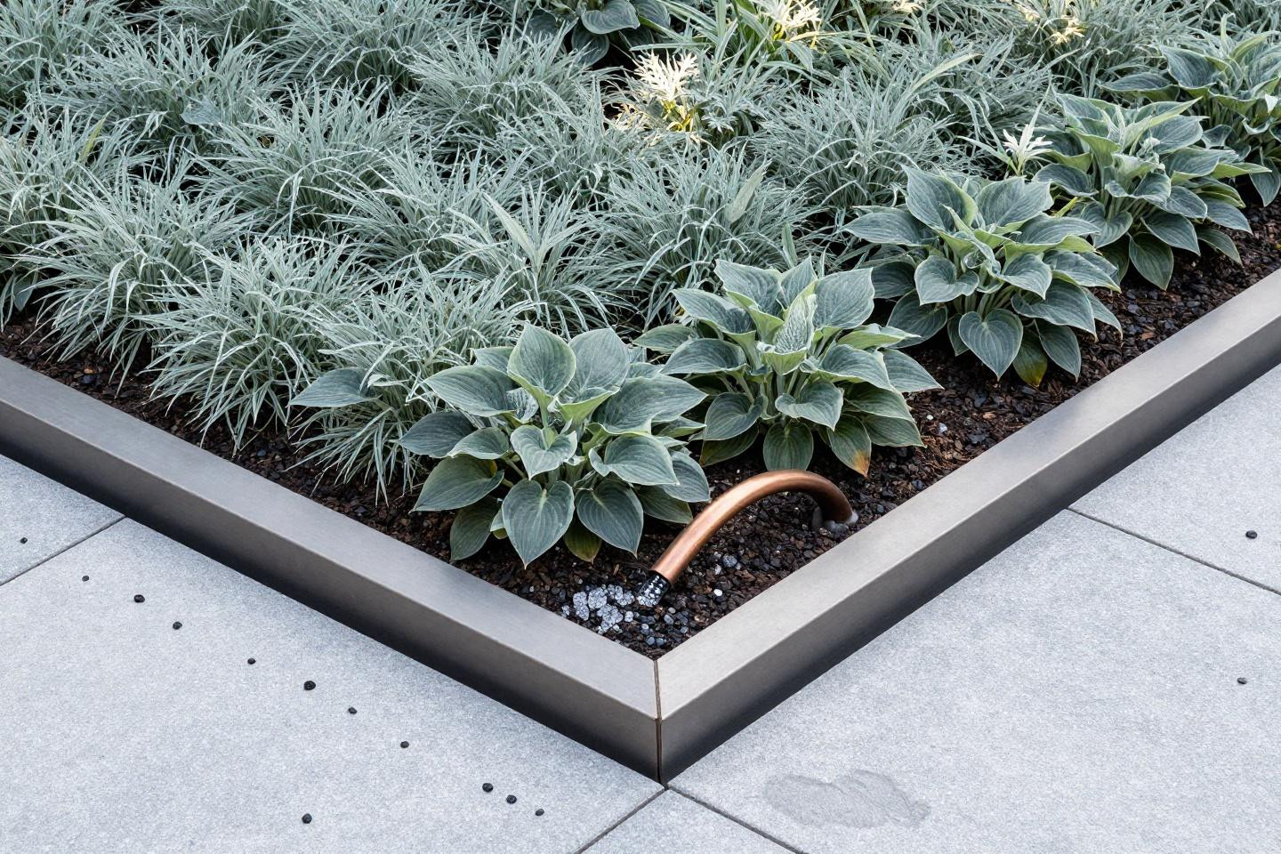 Front yard flower bed ideas with steel edging and hosta groundcover