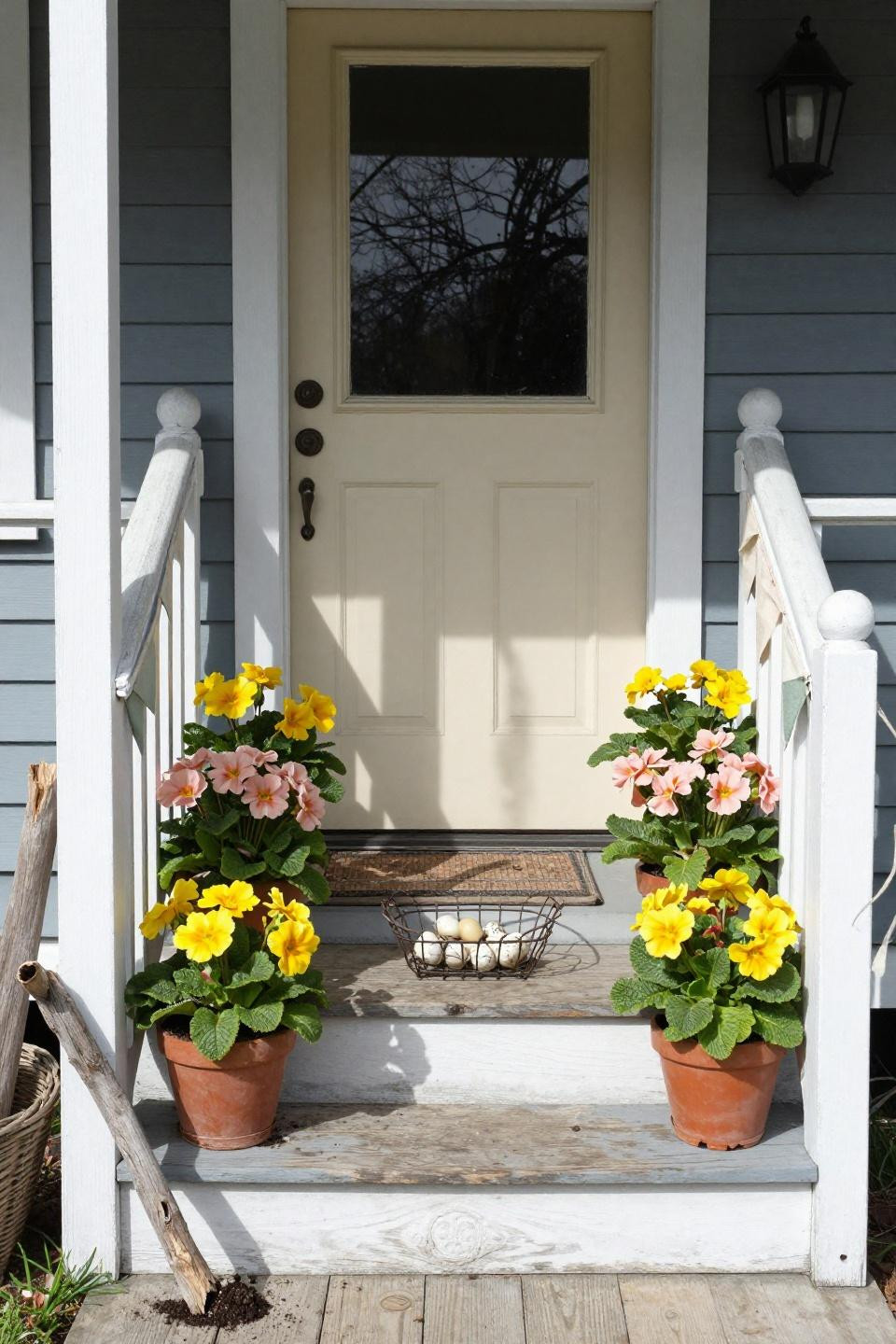 Spring porch decorating ideas with potted primrose and vintage wire egg basket