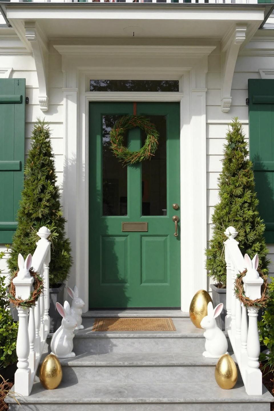 Easter front door decor with boxwood topiaries and gilded egg ornaments