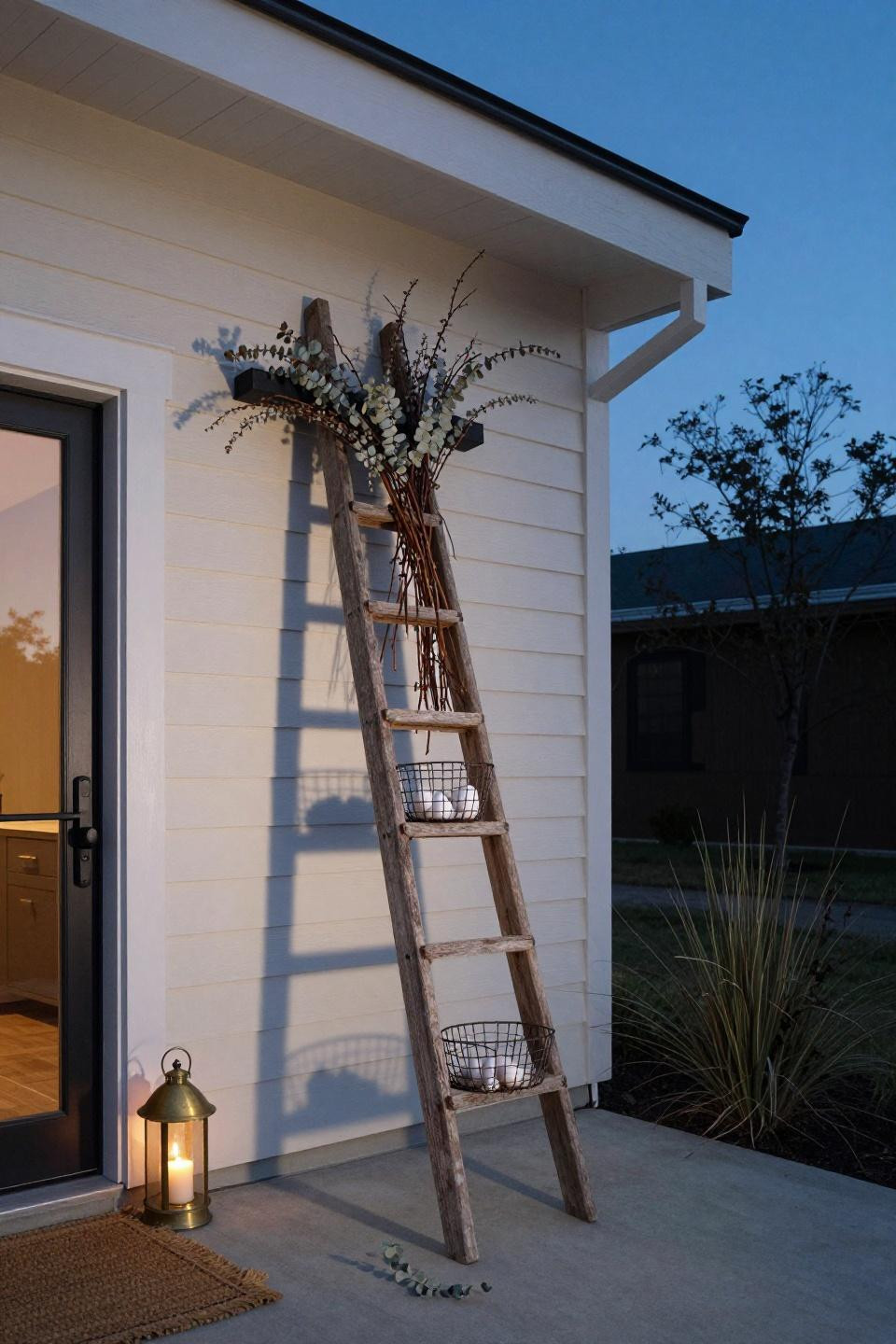 Outdoor Easter decorations DIY with iron cross wrapped in dried willow and eucalyptus
