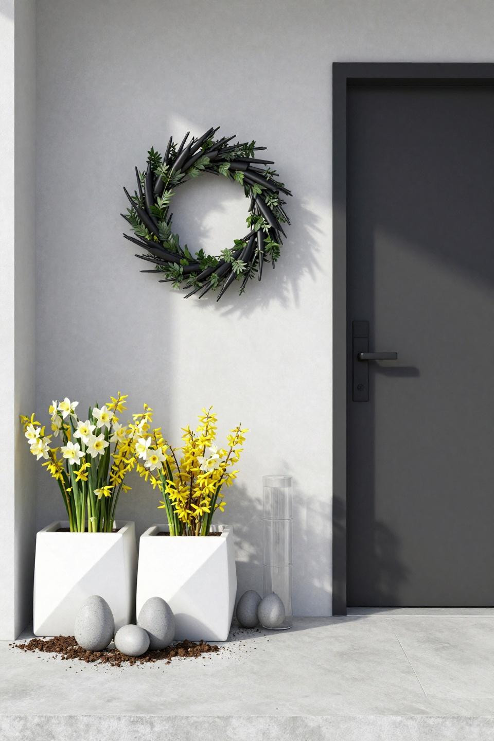Easter wreaths for front door with matte black skeletal frame and paper white narcissus