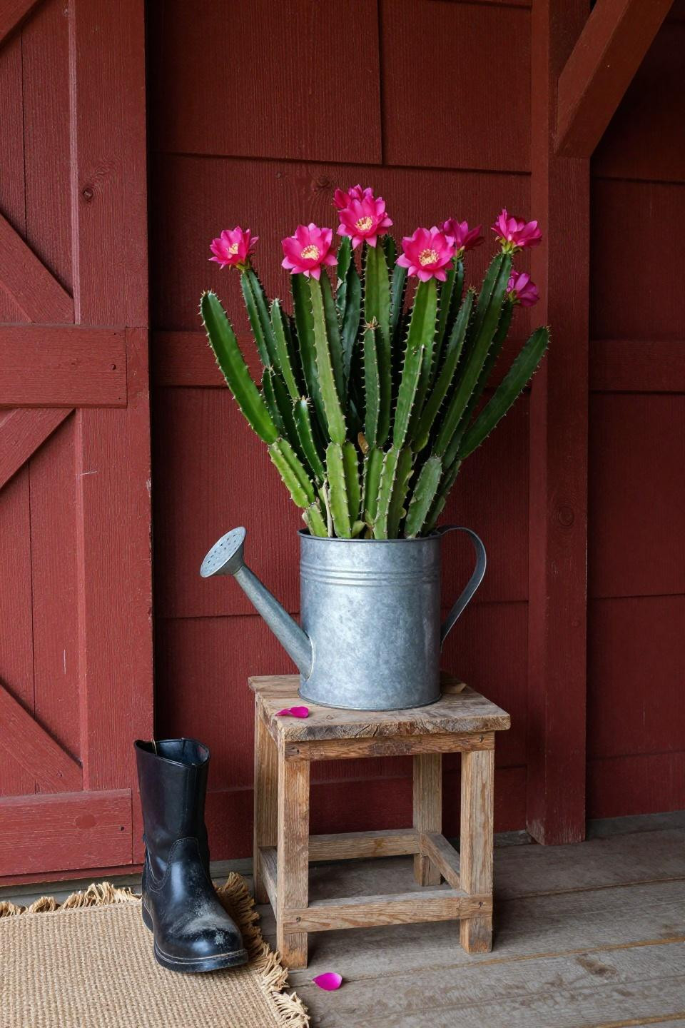 Easter porch decor outdoor with galvanized tiered plant stand and Easter cactus