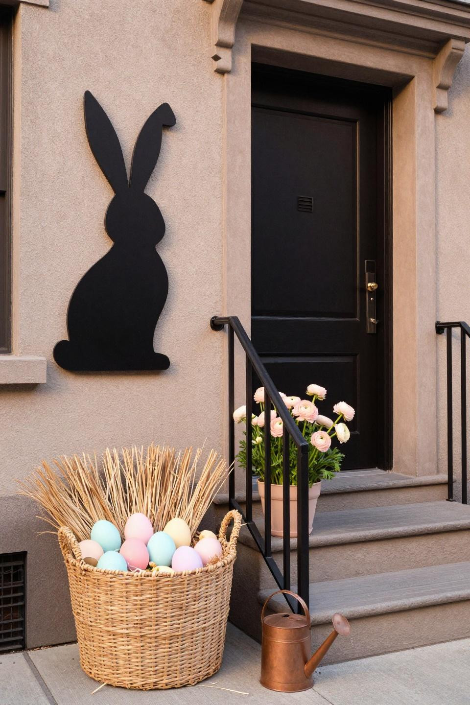 Easter porch ideas with oversized seagrass basket and pastel paper eggs