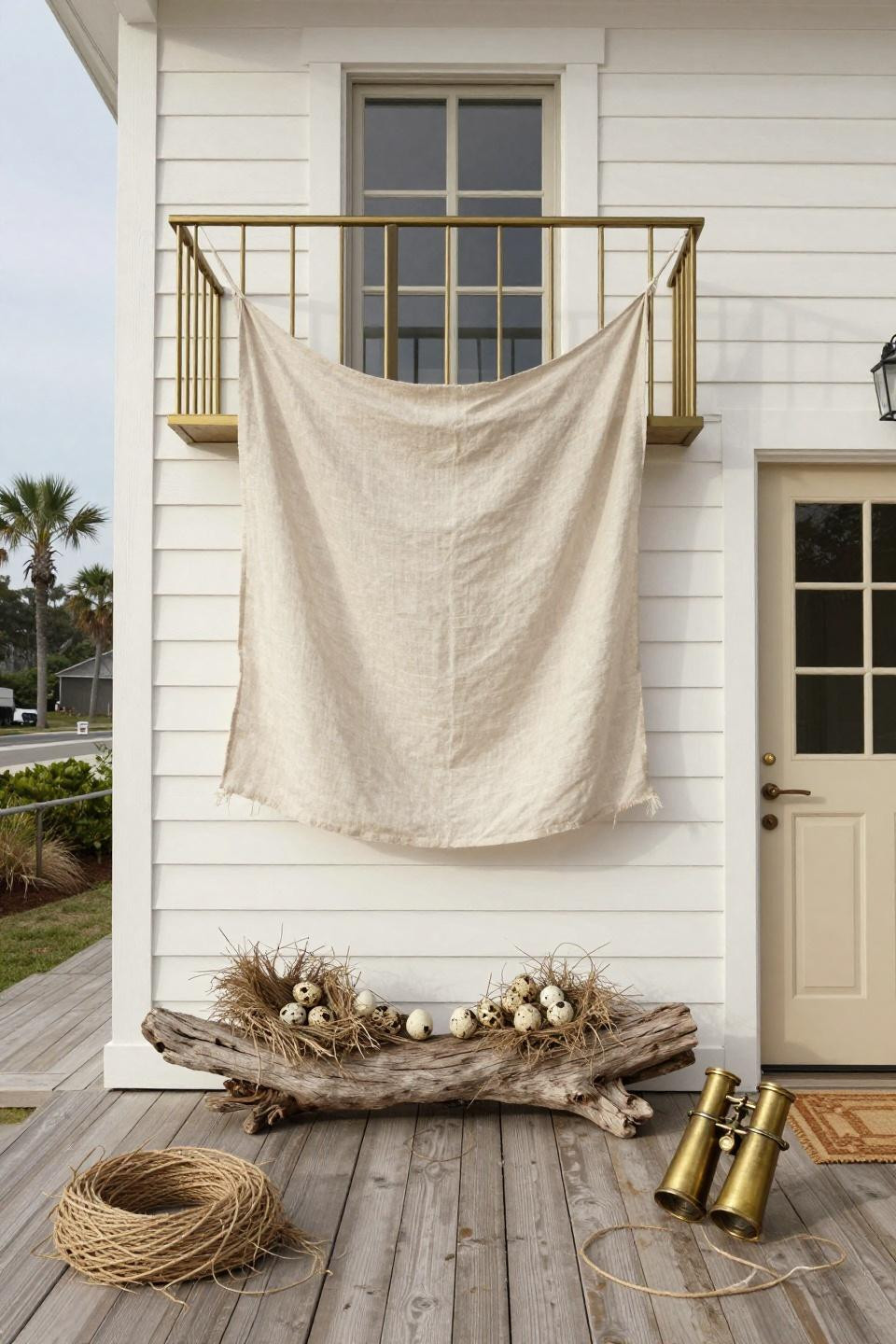 Spring front door decor with pale linen Easter banner and driftwood shelf