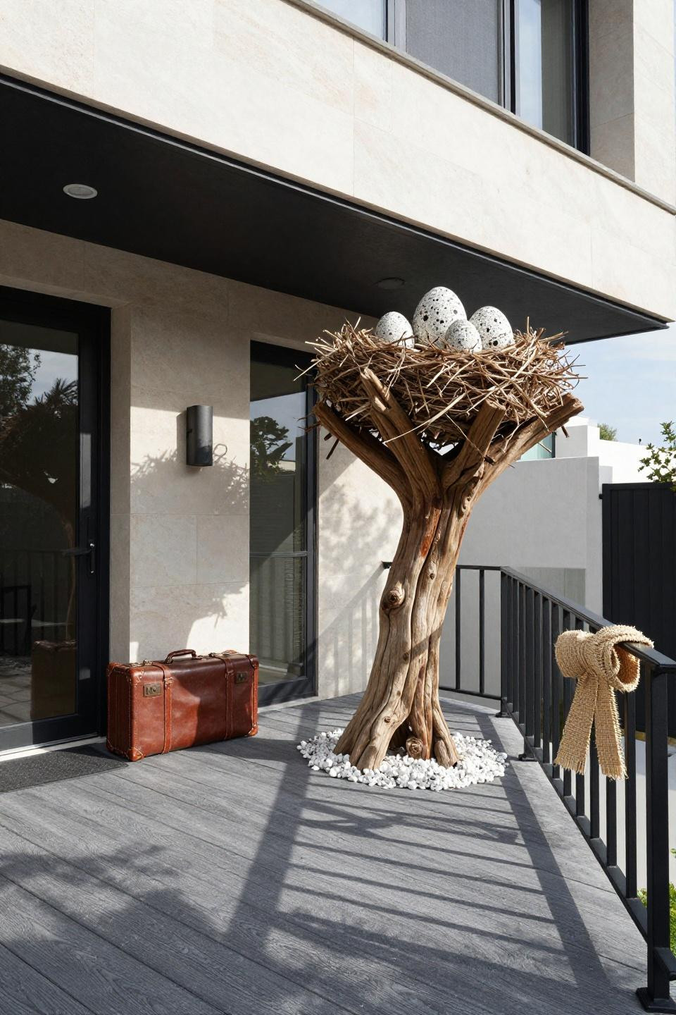 Front porch spring decor with tall driftwood branch structure and stone eggs