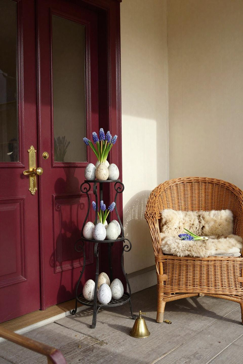 Spring Easter decor with Victorian wrought iron plant stand and muscari bulbs