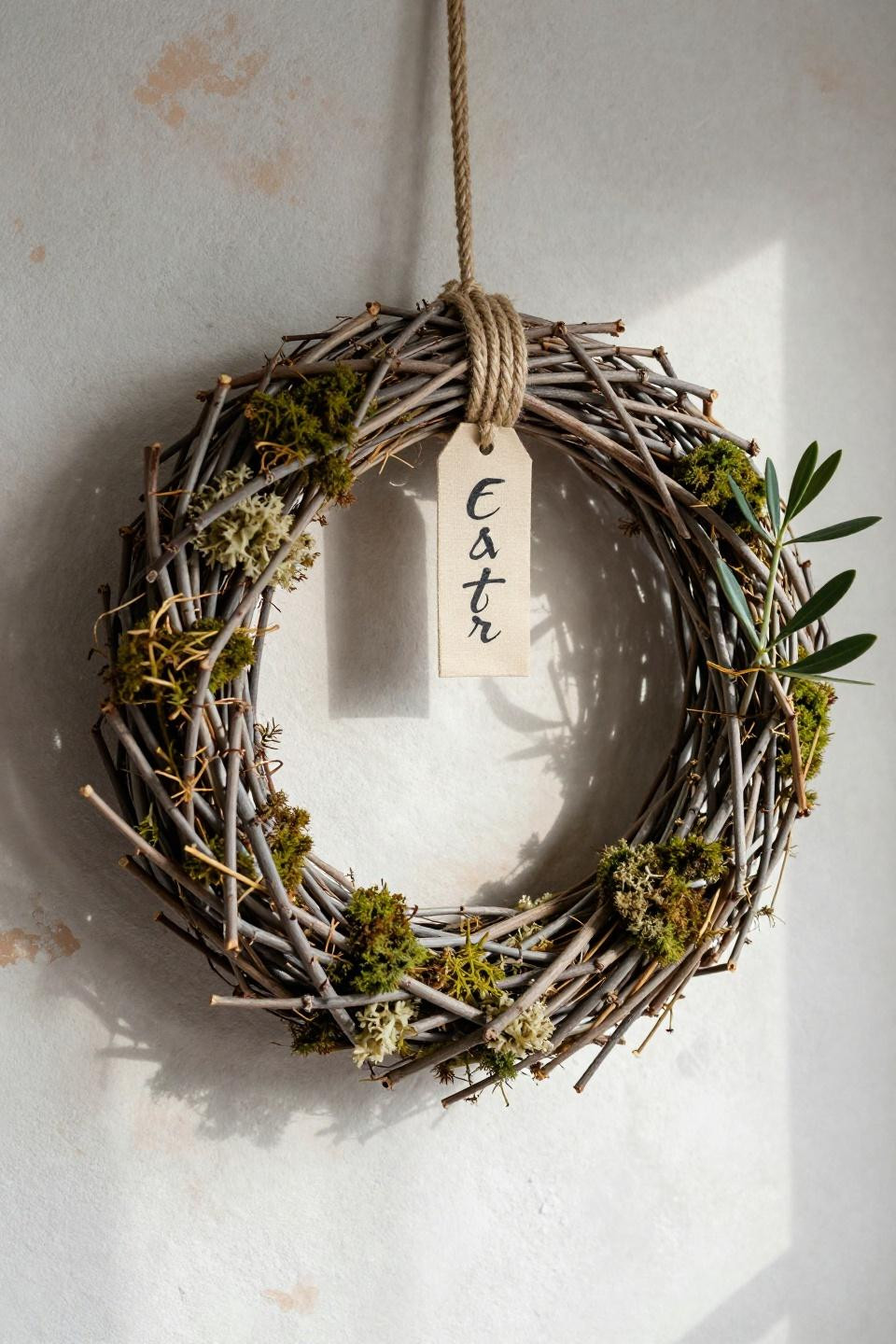 Spring wreaths for front door DIY with willow branches and pale moss