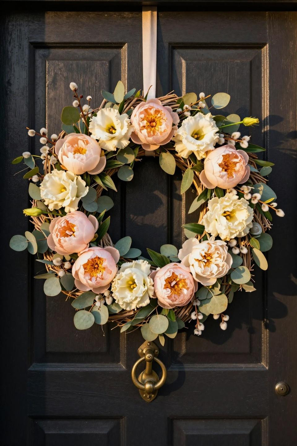 Easter front porch decorations with blush peonies and rattan base