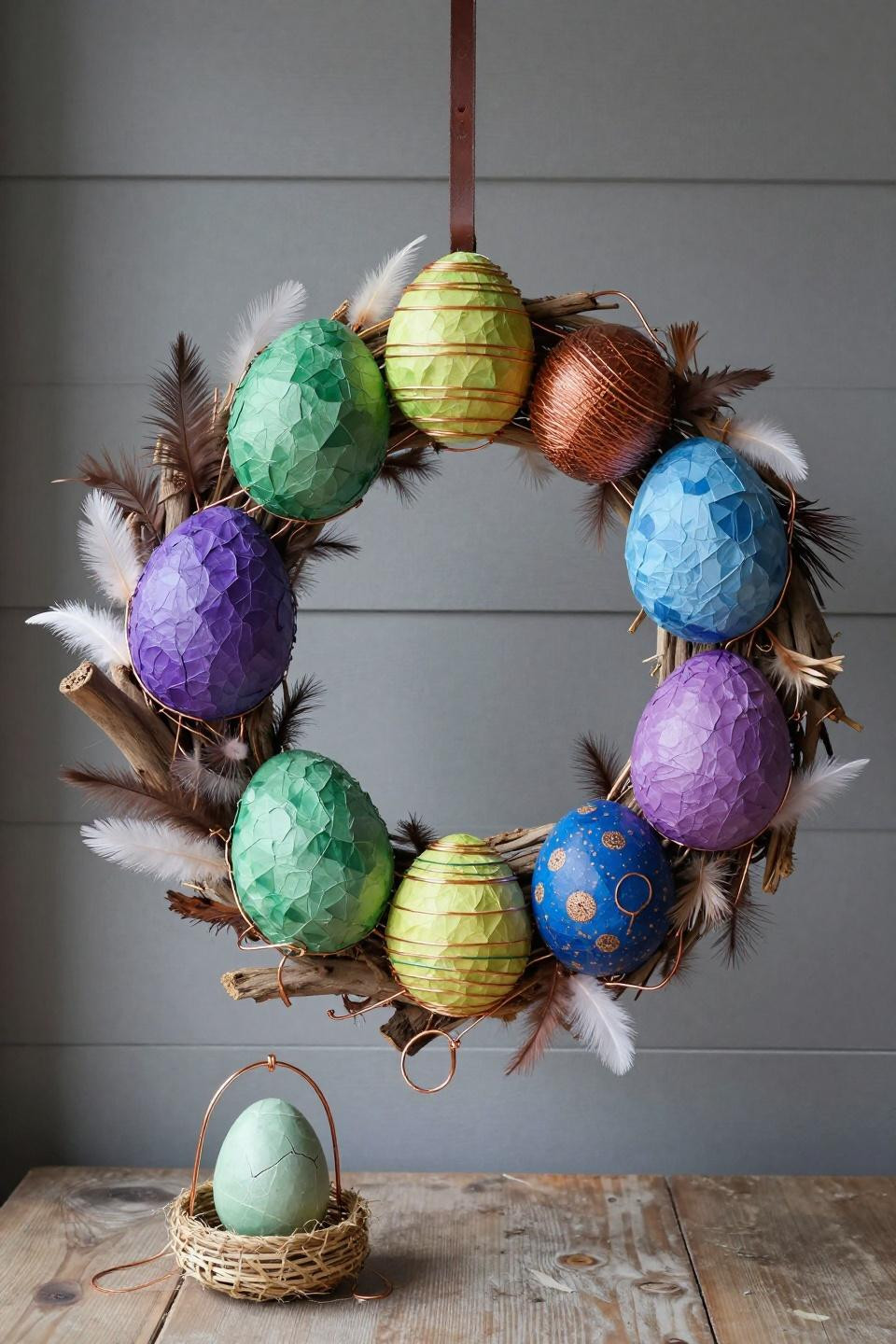 Easter front door decor with maximalist papier-mâché eggs and feathered branches