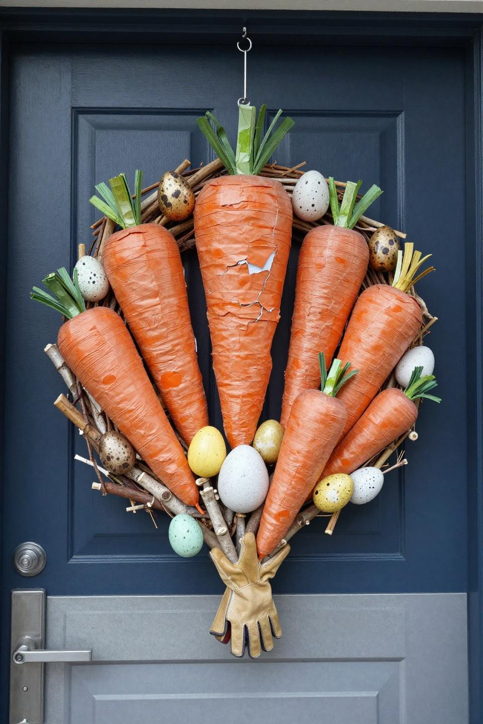 Easter spring wreath with sculptural papier-mâché carrots and birch twigs