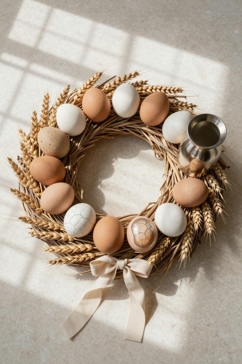 Easter wreath ideas with dried wheat and clay ceramic eggs on travertine