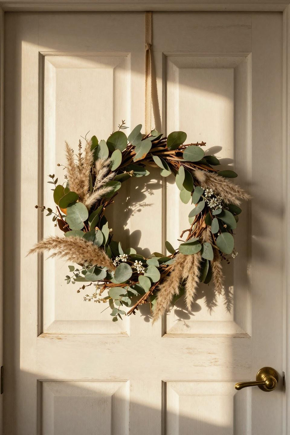 Boho wreath with organic eucalyptus and pale pampas on whitewash door