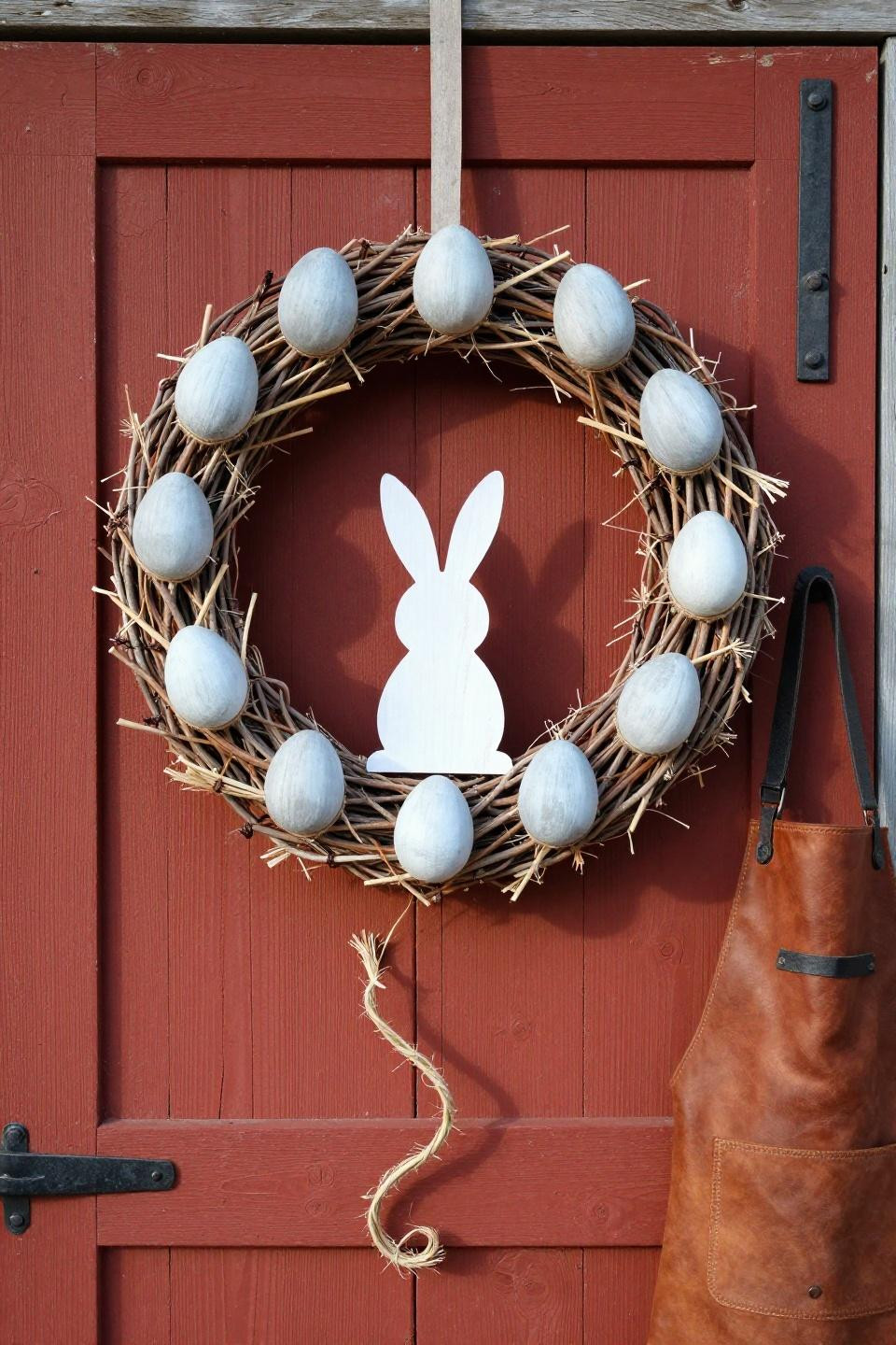 Easter bunny wreath DIY with grapevine base and painted wood eggs