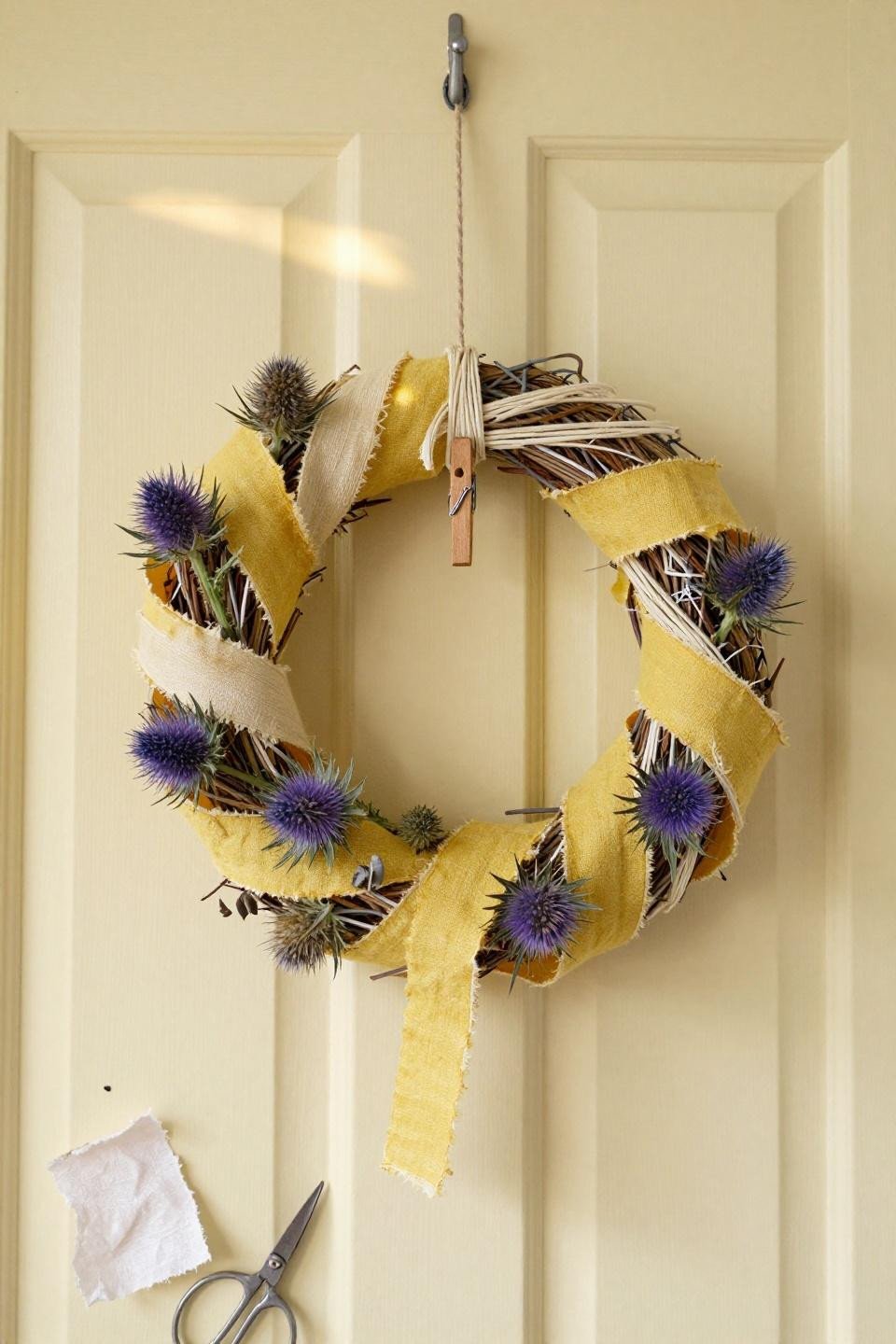 Spring wreath ideas DIY with hand-dyed linen strips and dried thistle