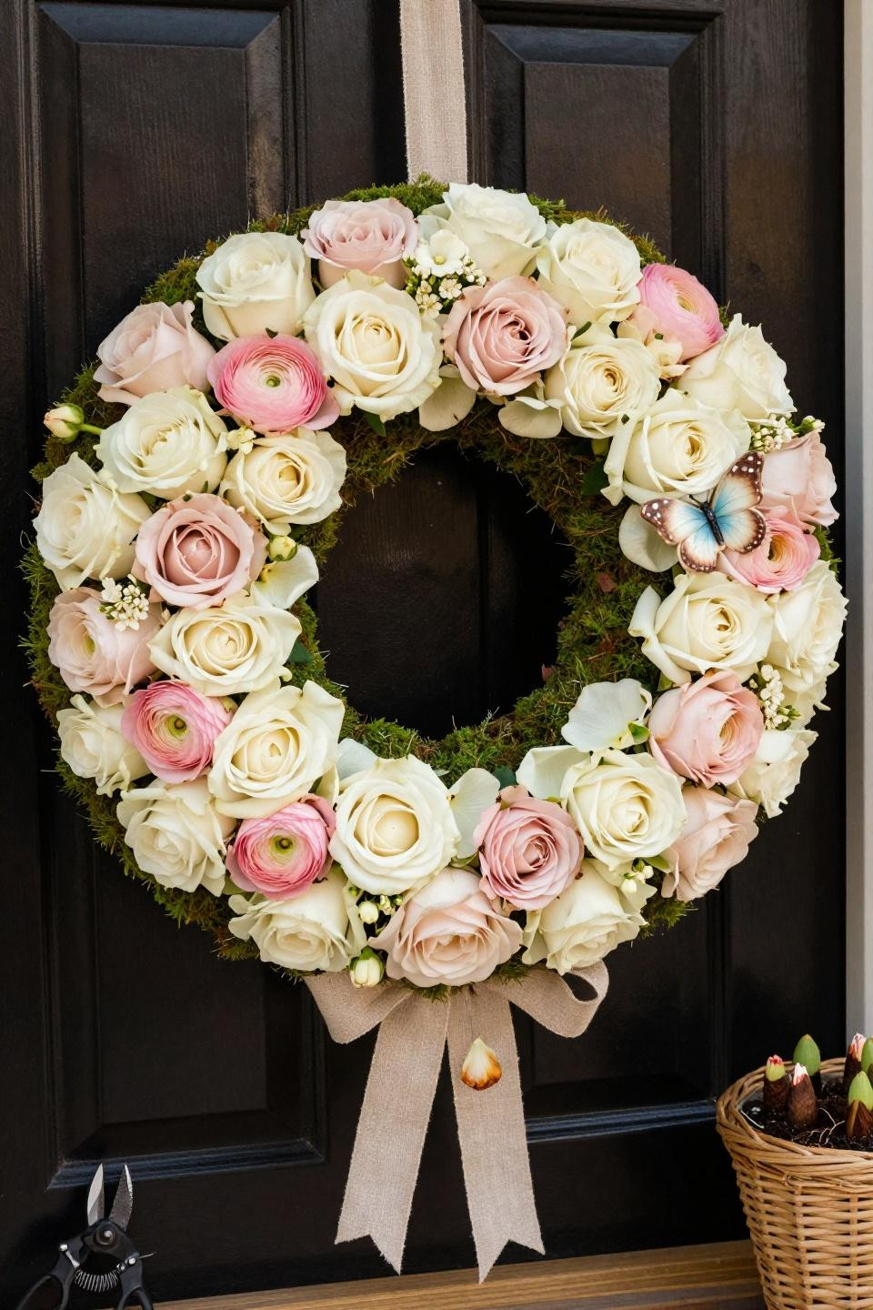 Summer wreaths for front door with blush roses and moss-wrapped base
