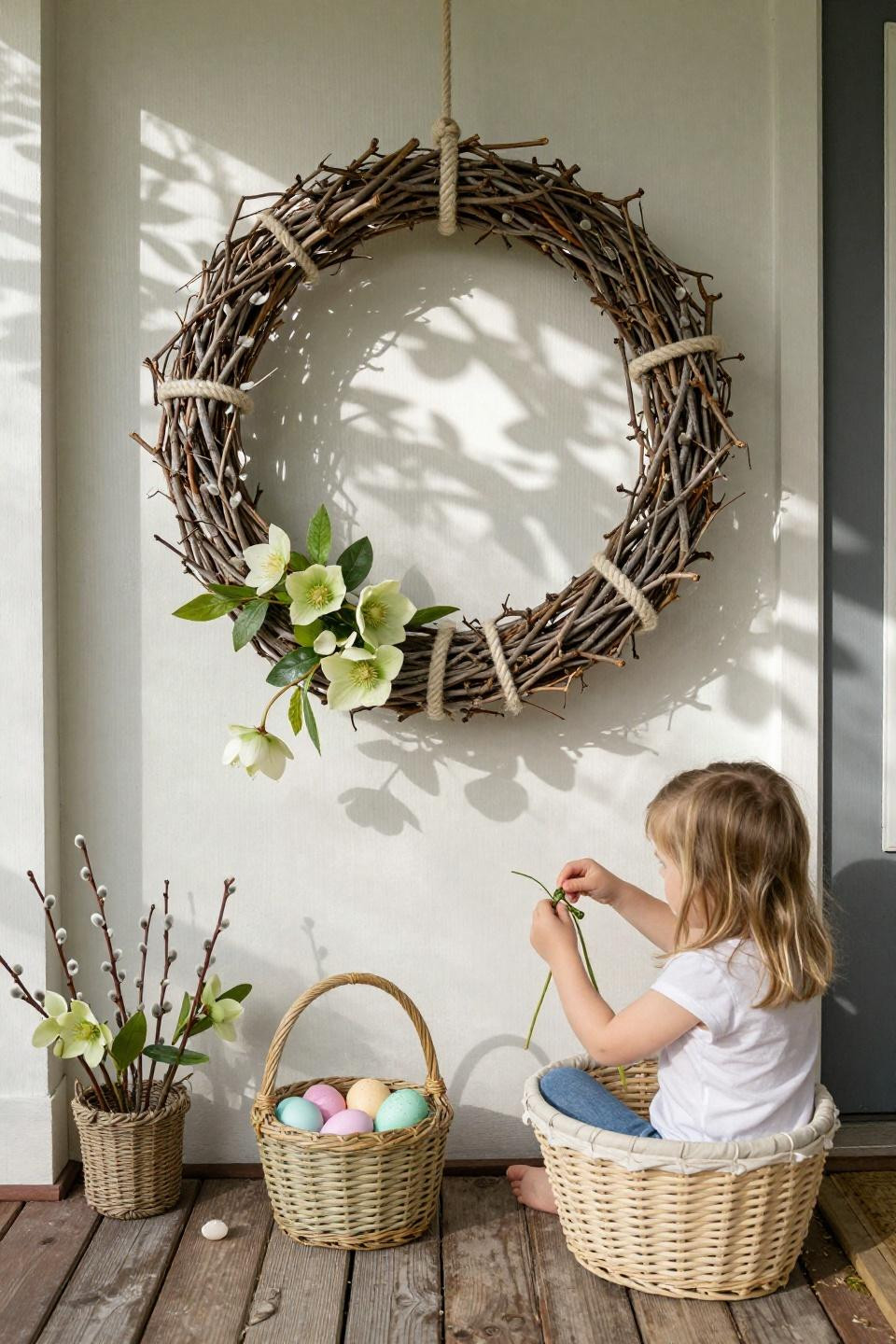 Easter front porch decorations with hellebores woven through grapevine