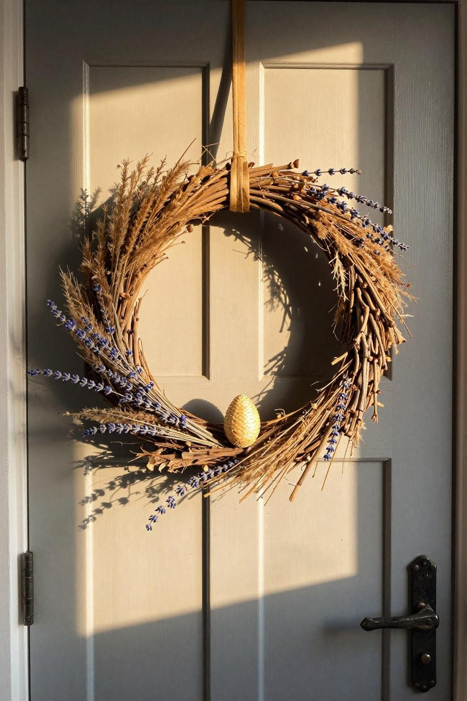 Easter front door decor with hand-tied pampas and driftwood