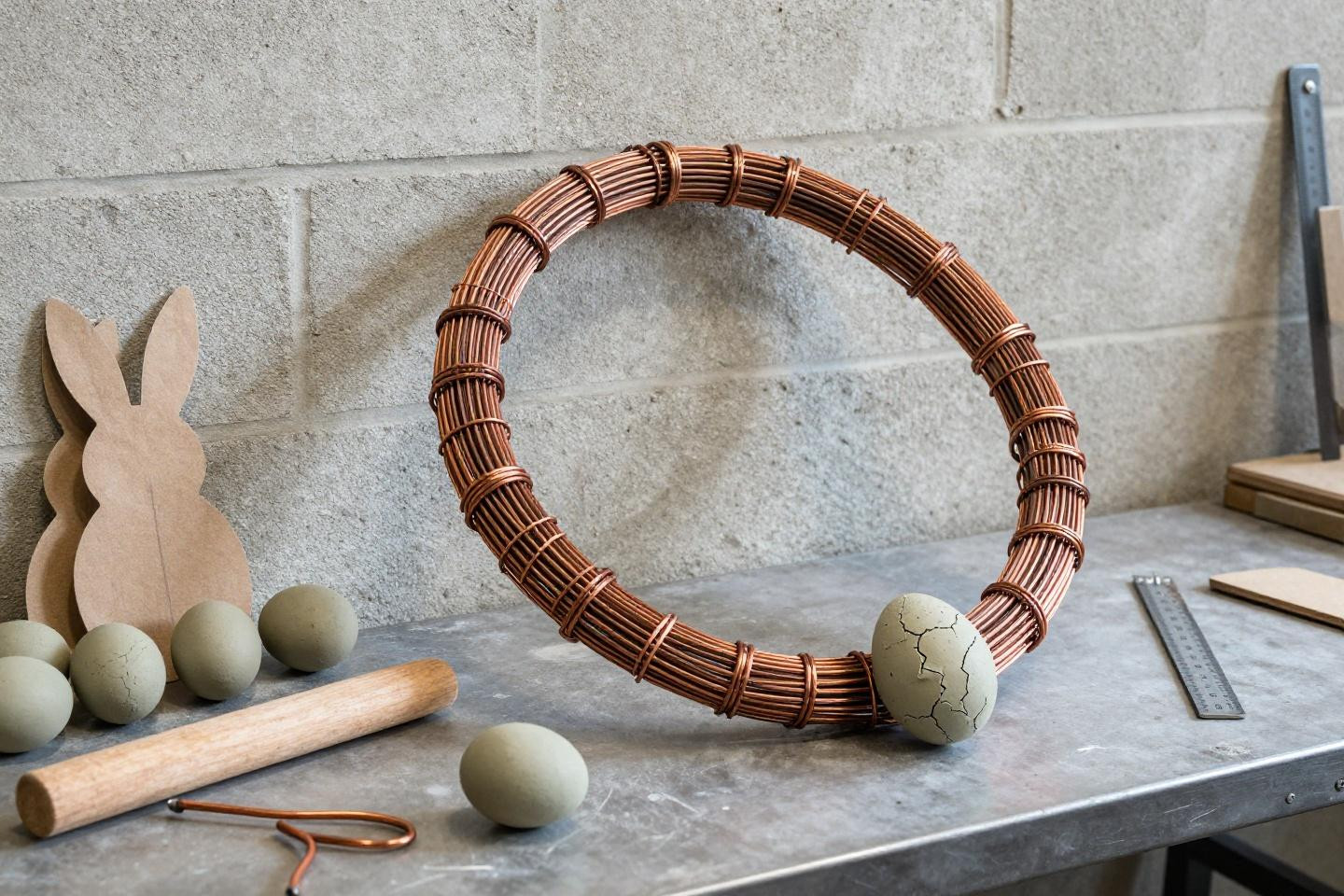Easter spring wreath assembly with copper wire and sage clay eggs