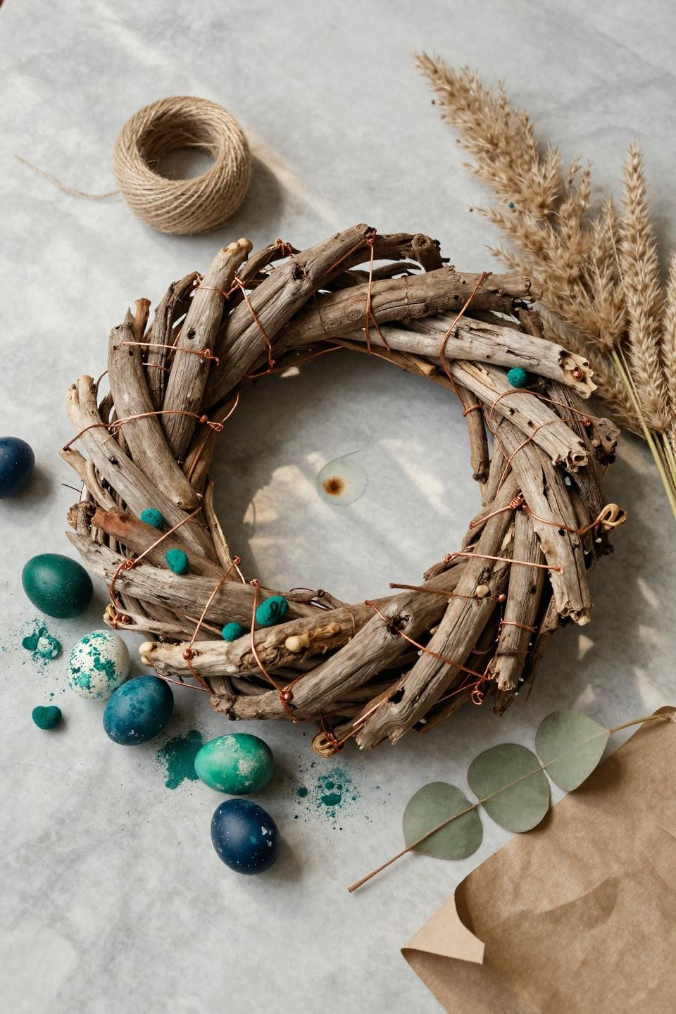 Easter wreath ideas with driftwood and deep emerald painted eggs