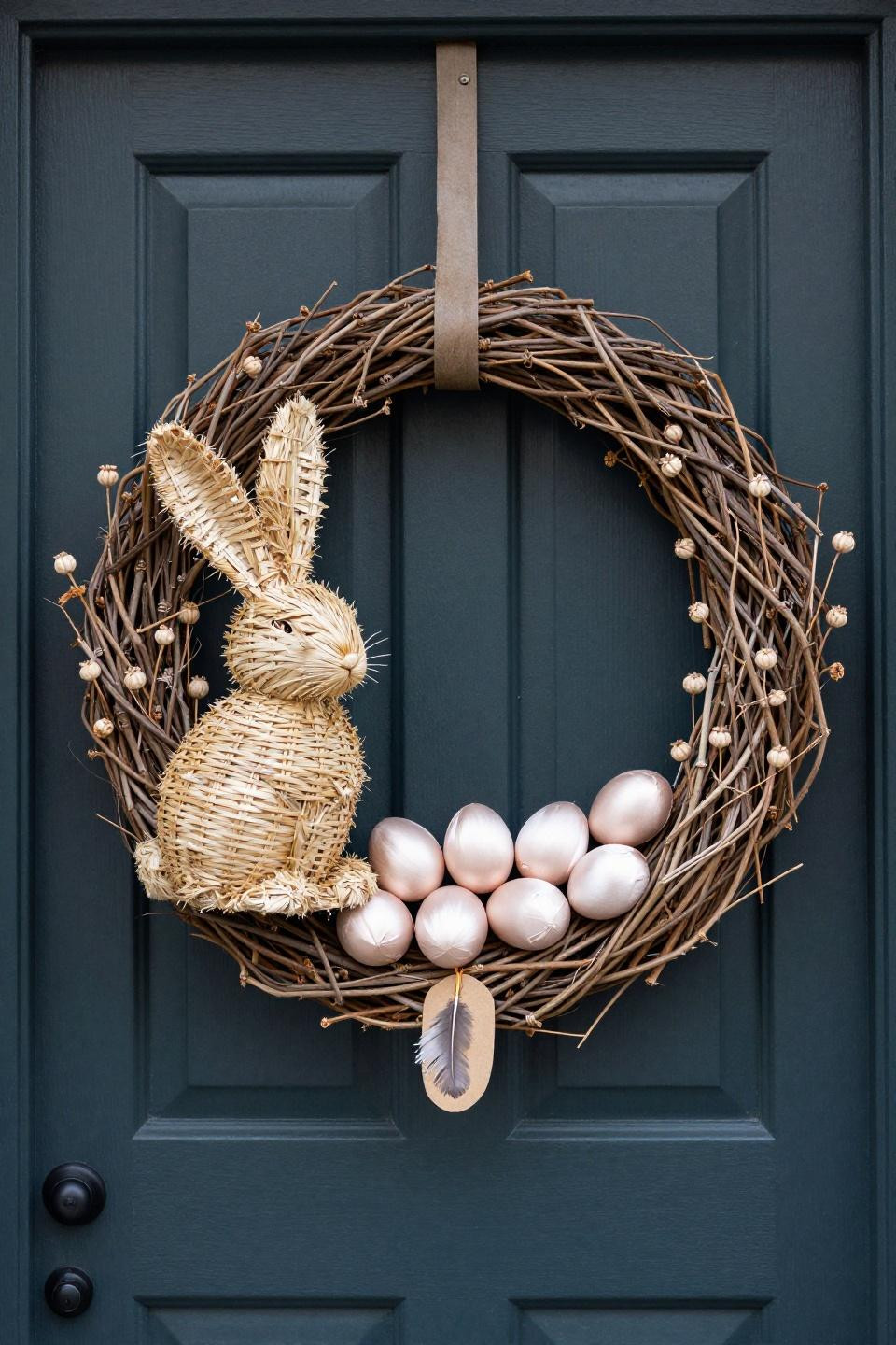 Boho wreath with twisted grapevine and seagrass bunny on forest green door