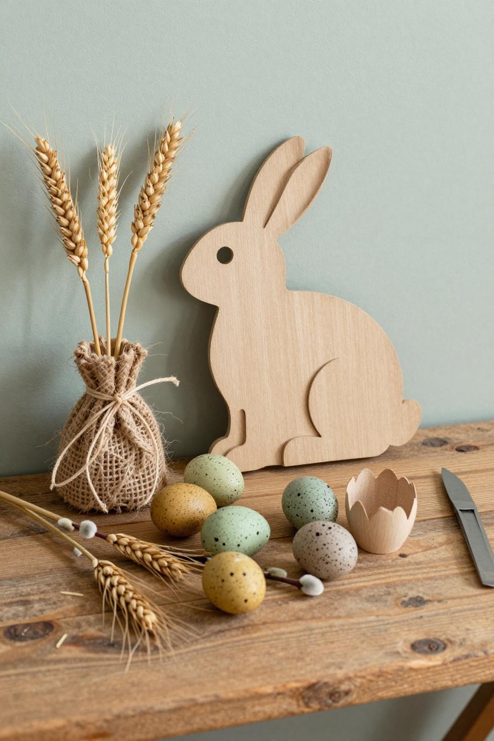 Easter bunny wreath DIY with kraft paper silhouette and wheat stalks