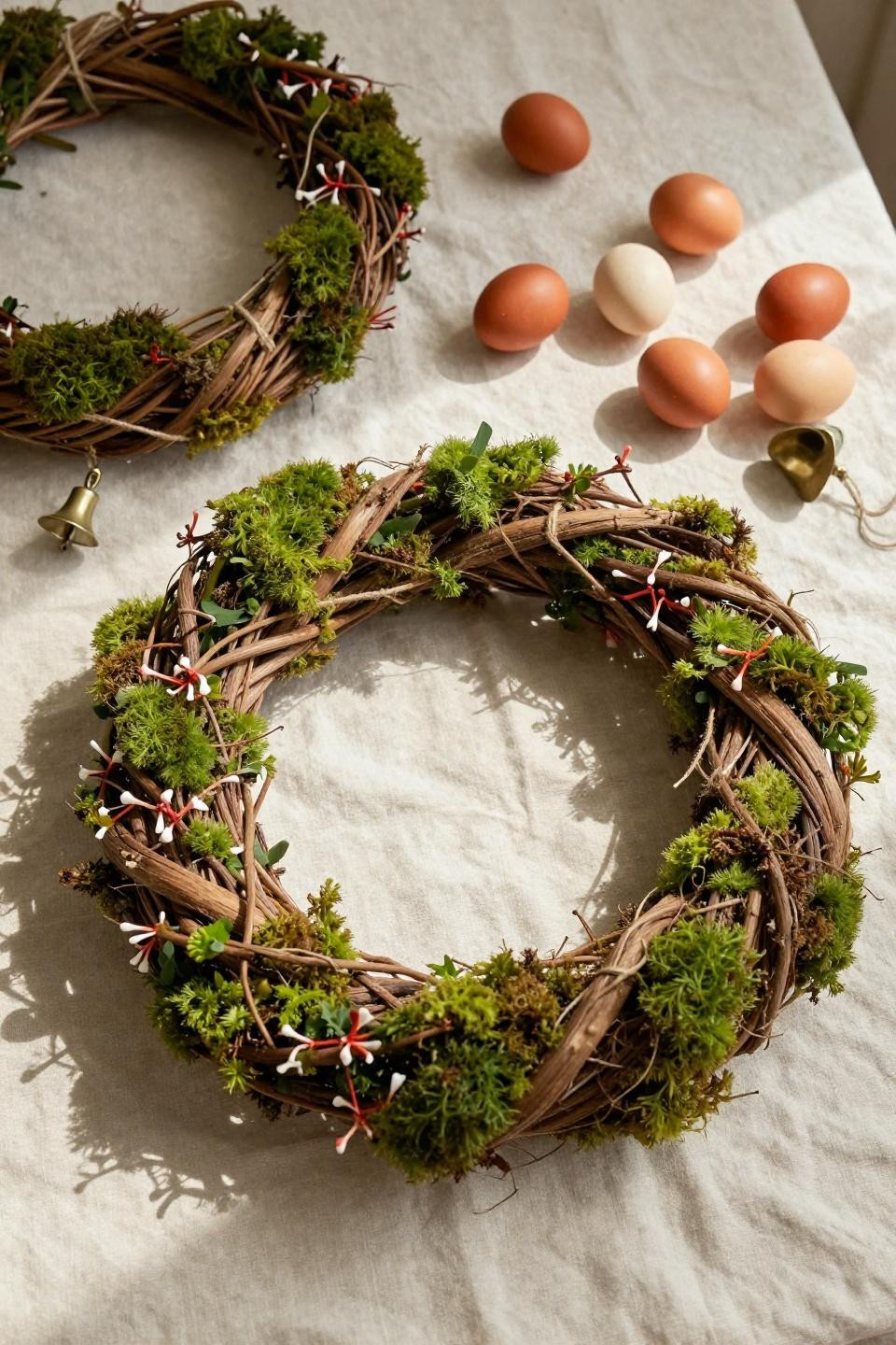 Spring wreath ideas DIY with honeysuckle vine and terracotta eggs